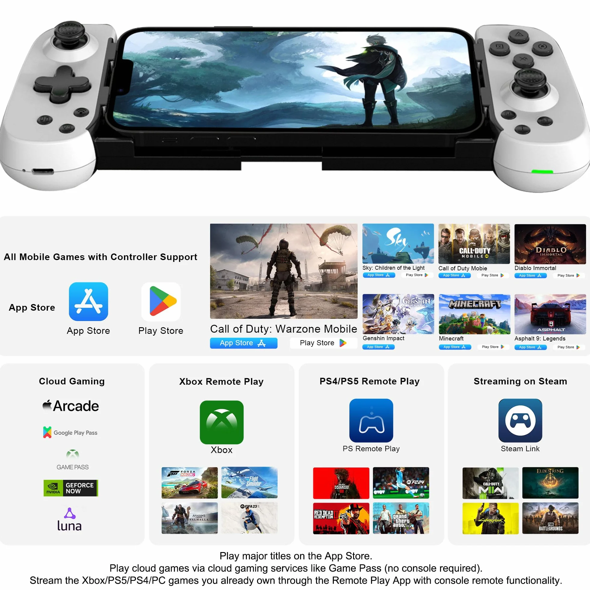 Joso Mobilny kontroler do gier do iPhone/Android/PC/Switch/PS4/PS3, Bluetooth Gamepad Joystick z turbo/6-osiowym żyro/ wibracjami, Play Call of Duty, Roblox, Genshin Impact, Cloud Gaming, gra zdalna
