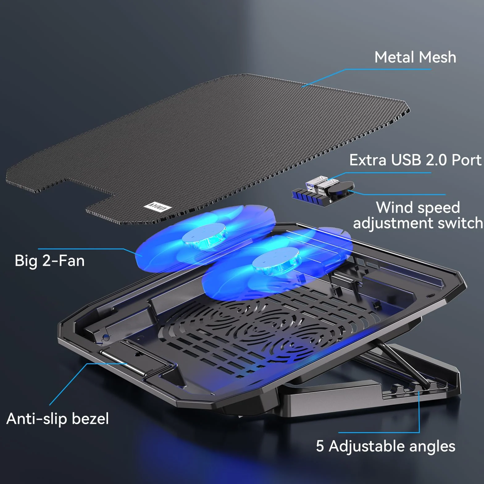 KYOLLY Ultra cienka podkładka chłodząca do laptopa 10-15,6 cala, przenośna chłodziarka do notebooka z 2 cichymi dużymi wentylatorami, wentylator do laptopa do gier, regulacja prędkości wiatru, 5