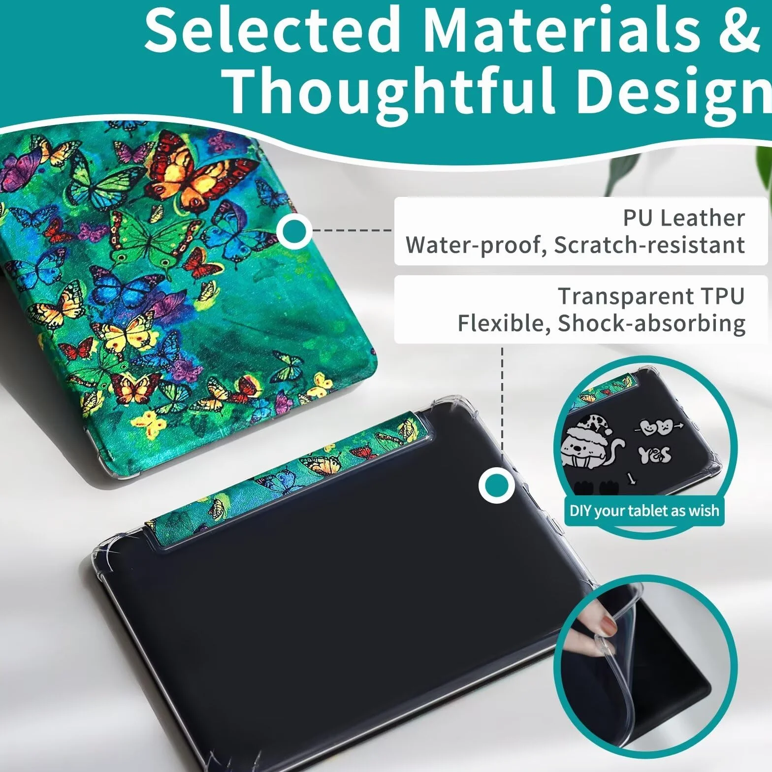 MOKASE Etui Fit for 7 calo Kindle Paperwhite (12. generacja, 2024) i Kindle Colorsoft Signature Edition, elastyczny przezroczysty zderzak z TPU ze skóry PU z funkcją Auto Wake/Sleep, Green Butterflies