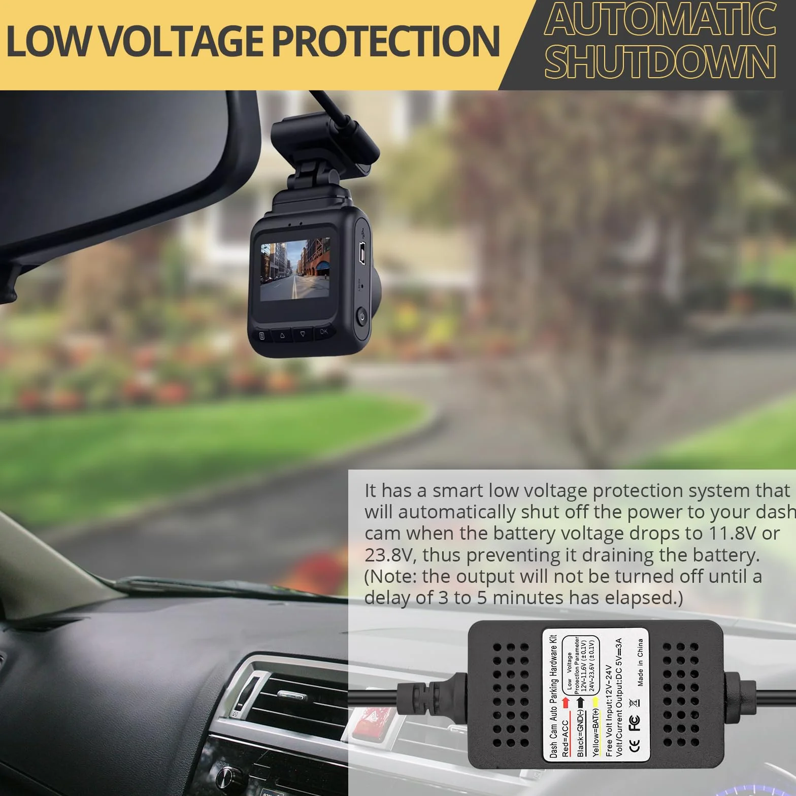 AMTOVL Zestaw Hardwire do aparatu typ C USB Dash Cam 3 przewody z bezpiecznikami ACC ochrona przed niskim napięciem 12 V/24 V do 5 V