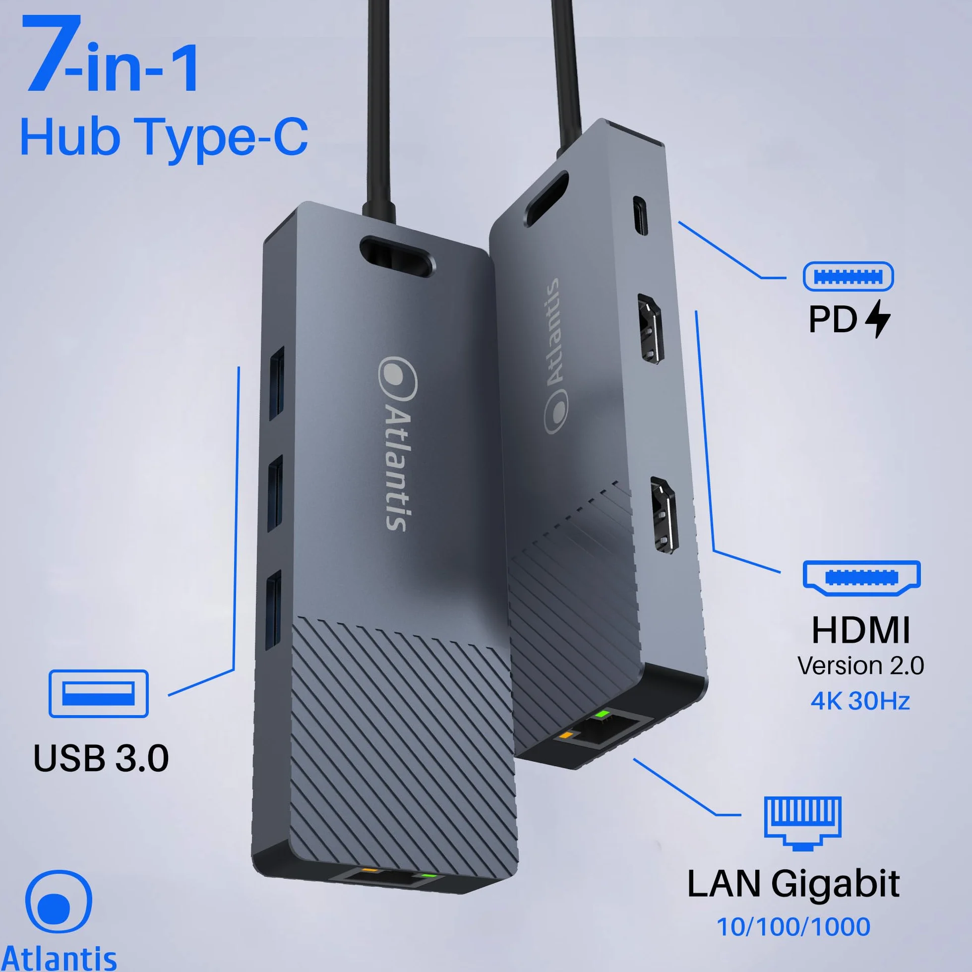 ATLANTIS A04-TC_DK48 Stacja dokująca DUAL DISPLAY USB C (typ C) na HDMI 4K, wyjście Duppia, wyjście HDMI, RJ45 Gigabit Ethernet, 3 x USB 3.0, 1 PD-85 W, kabel 18 cm, kompatybilny ze wszystkimi