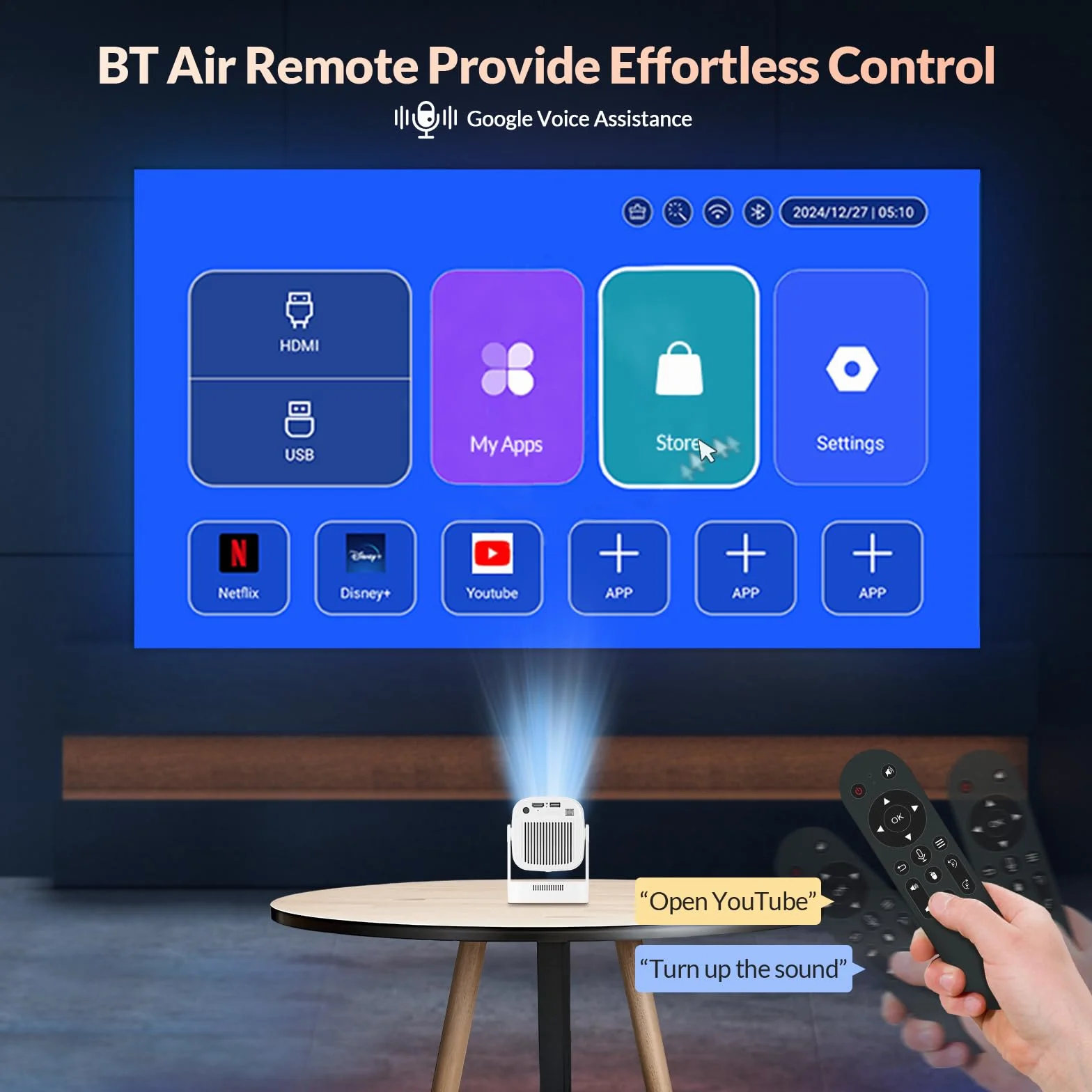 HY260PRO Mini projektor o wysokiej rozdzielczości FHD 1080P i obsługuje 4K, 5G WiFi 6 + BT 5.4 z systemem Android 11.0, przenośna konstrukcja i pilot z myszką powietrzną, zewnętrzny projektor wideo do