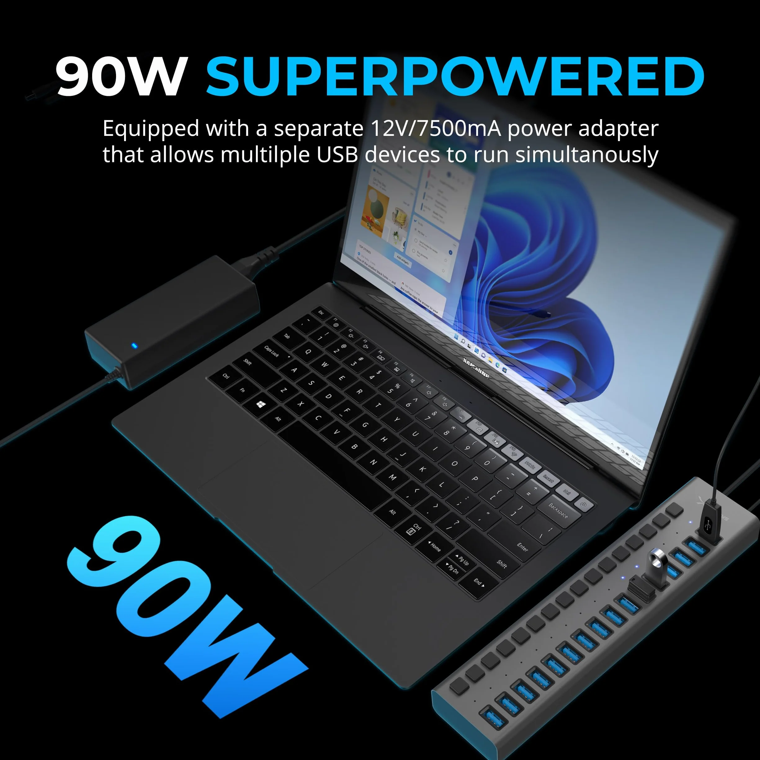 SABRENT Zasilany koncentrator USB, 16-portowa stacja dokująca USB 3.2 z indywidualnymi przełącznikami i diodami LED, koncentrator szybkiego ładowania i szybkiego ładowania 90 W, uchwyt montażowy w