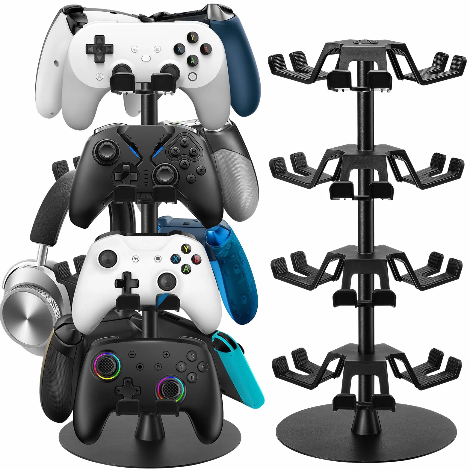 Jcocylse Stojak na kontroler ze stojakiem na słuchawki – dekoracja gamingowa pasuje do PS5, PS4, Switch Pro – oszczędność miejsca akcesoria gamingowe (4 poziomy)