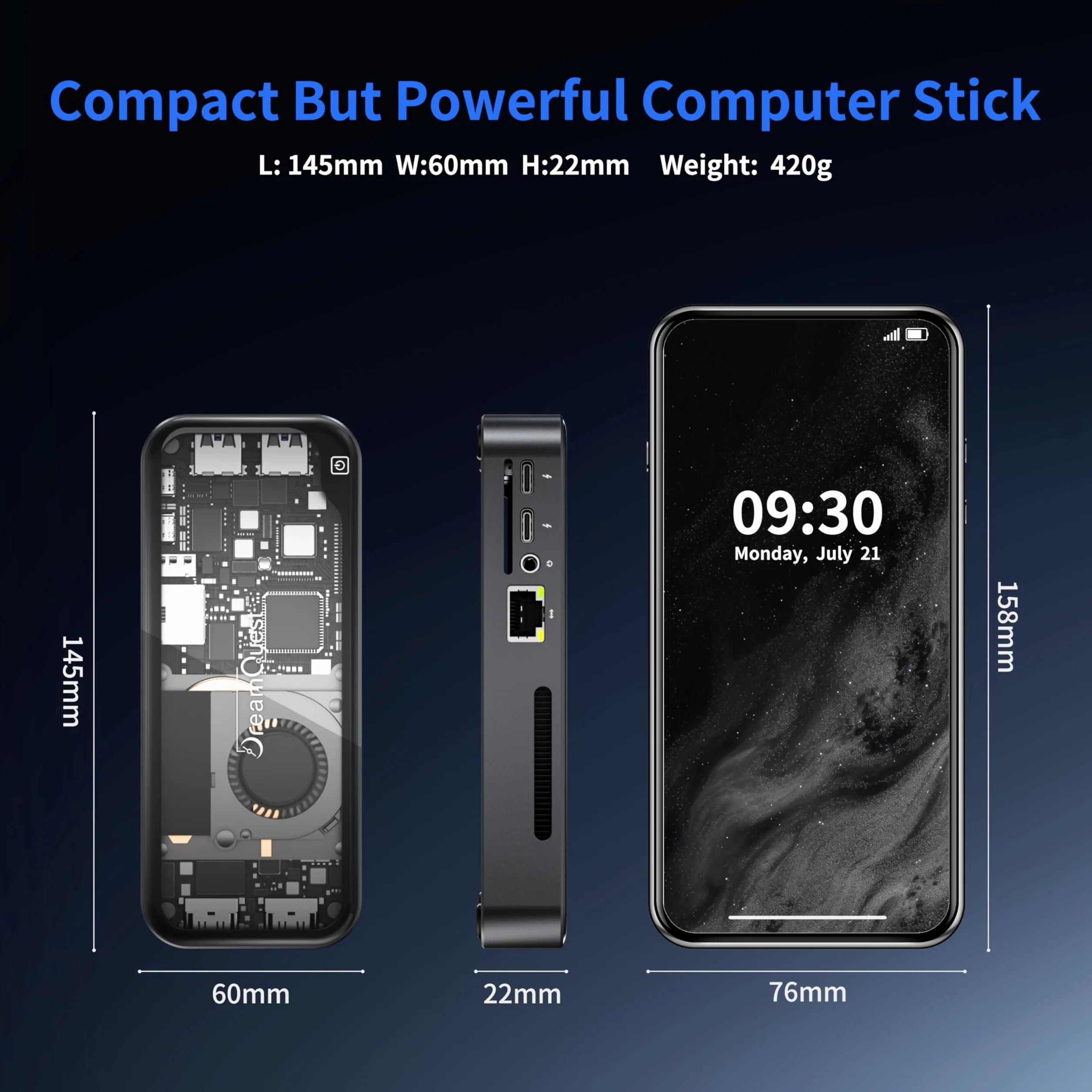 DreamQuest Mini PC Stick Windows 11 Pro, Intel N95 (do 3,4 GHz) 12 GB LPDDR5 1TB M.2 SSD Micro Computer Desktop PC, Dual HDMI + typ C (10 Gbps)/ WiFi 6/Bluetooth 5.3 USB 3.2 do domu / biura