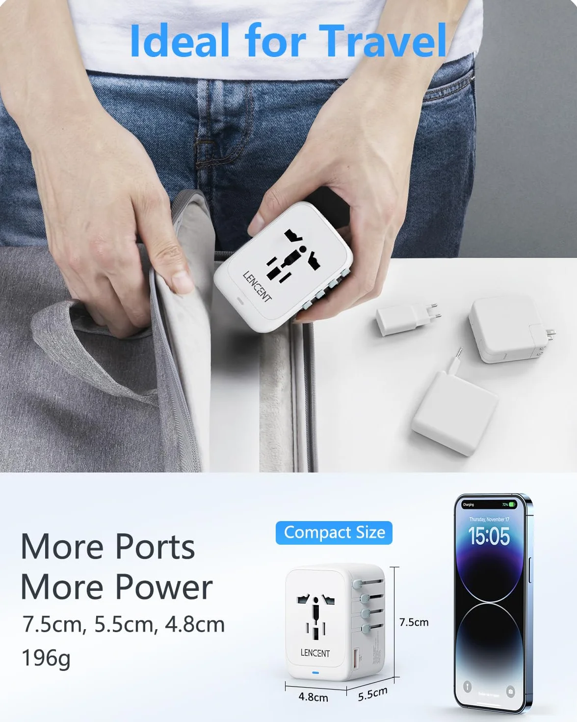 LENCENT GaN III 65 W Uniwersalny Adapter Podróżny | z 1 Gniazdem USB-A i 3 USB-C PD, Adapter do Gniazda Wtykowego Typu A/C/G/I (USA/UK/EU/AUS), Biały