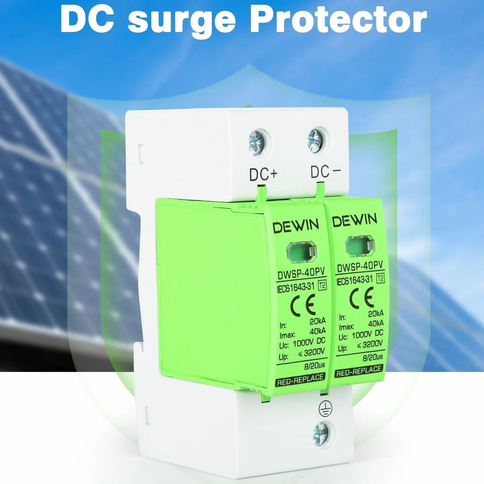 DEWIN Urządzenie przeciwprzepięciowe, 2P 40KA Urządzenie odgromnika fotowoltaicznego DC 1000V Zabezpieczenie przeciwprzepięciowe Urządzenie odgromowe Szyna DIN 35mm