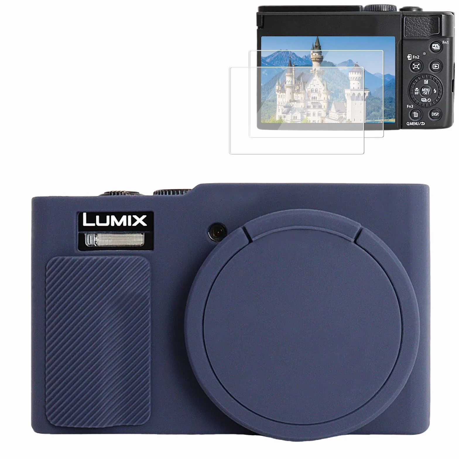 Rieibi Silikonowe etui do aparatu Panasonic Lumix ZS99/TZ99, akcesoria do Panasonic Lumix DC-ZS99/TZ99 z 2 szt. ochraniaczy ekranu, odpinana osłona obiektywu, granatowe