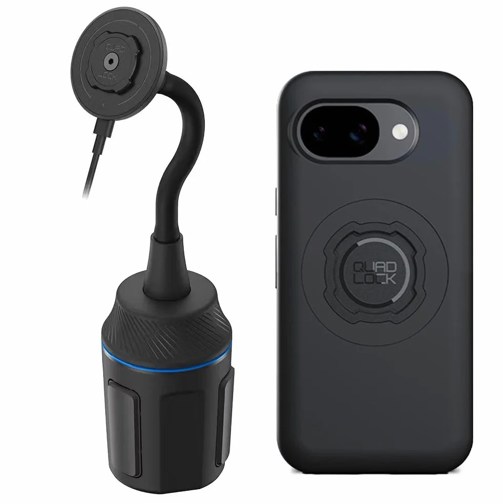 Quad Lock Uchwyt samochodowy na kubek na telefon z etui MAG Pixel 10a i bezprzewodową głowicą ładującą MAG (V2)