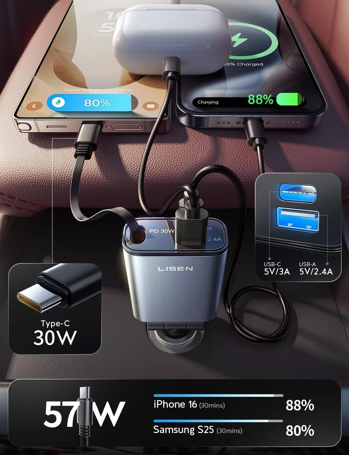 LISEN 57W zapalnik papierosów USB C 3 w 1 ładowarka samochodowa - [300% kompaktowy] 12V Adapter USB Auto z kablem ładowania, ładowarka samochodowa do iPhone 16 Pro Max, Galaxy S25 Ultra, Xiaomi 15 14