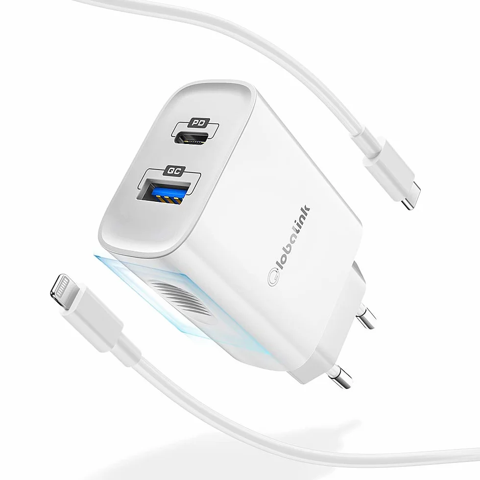 GlobaLink Szybka Ładowarka do iPhone'a 20 W, 2 Porty USB-C, Kabel 2 m USB-C na Lightning (Certyfikat MFi) Kompatybilna z iPhone 13/13 Pro/13 Pro Max/13 Mini/12/12 Pro Max/11/X