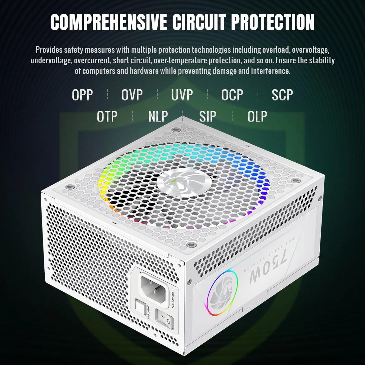 GAMEMAX RGB 750G WH Zasilacz PC 750W w pełni modułowy, 80 Plus Gold, LLC + DC-DC, ARGB Sync, japońskie kondensatory, wentylator ARGB FDB 140 mm, 9 zabezpieczeń, 10 lat gwarancji