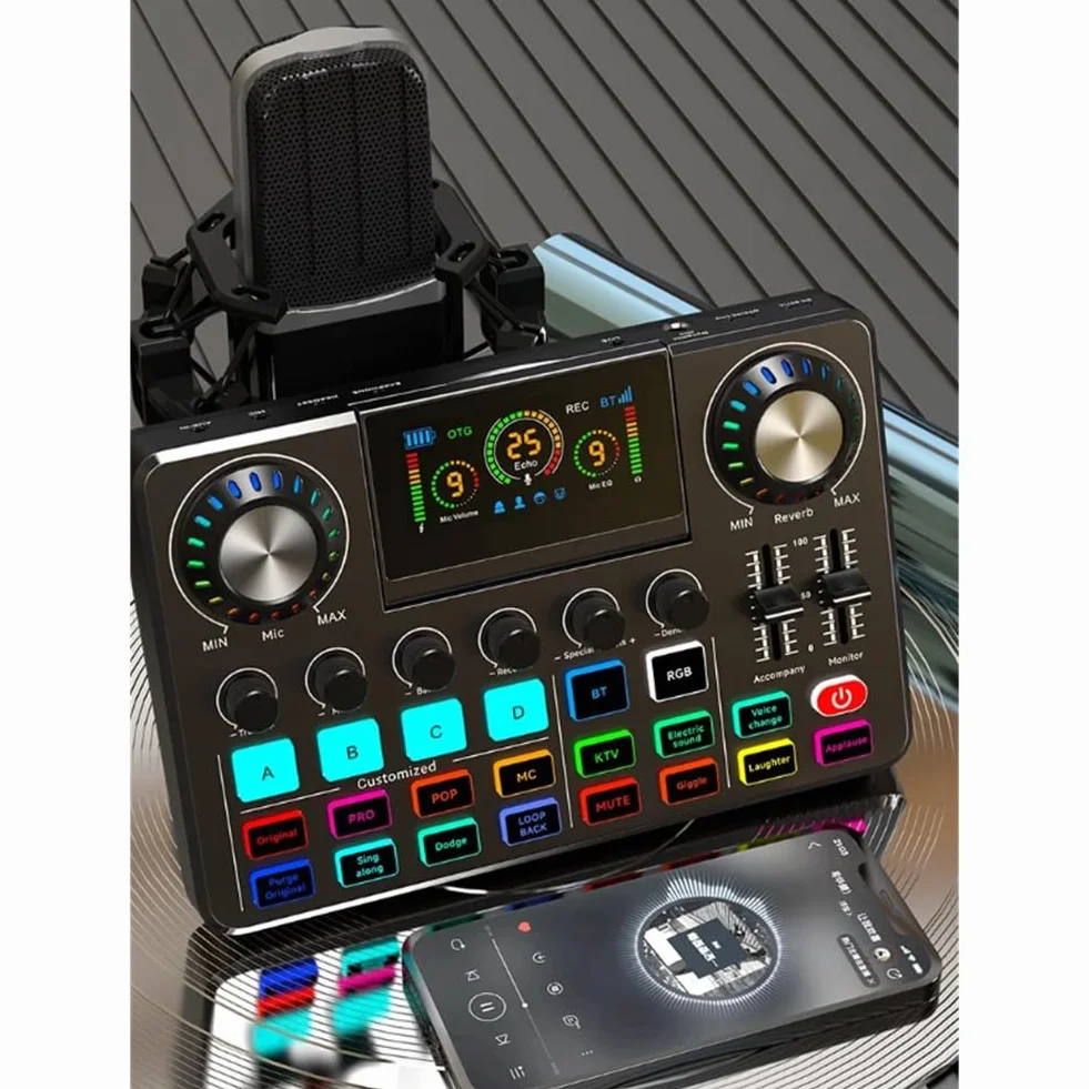 Karta dźwiękowa na żywo i mikser DJ Mikser audio z zmieniaczem głosu, płyta dźwiękowa z oświetleniem RGB, sprzęt do nagrywania muzyki