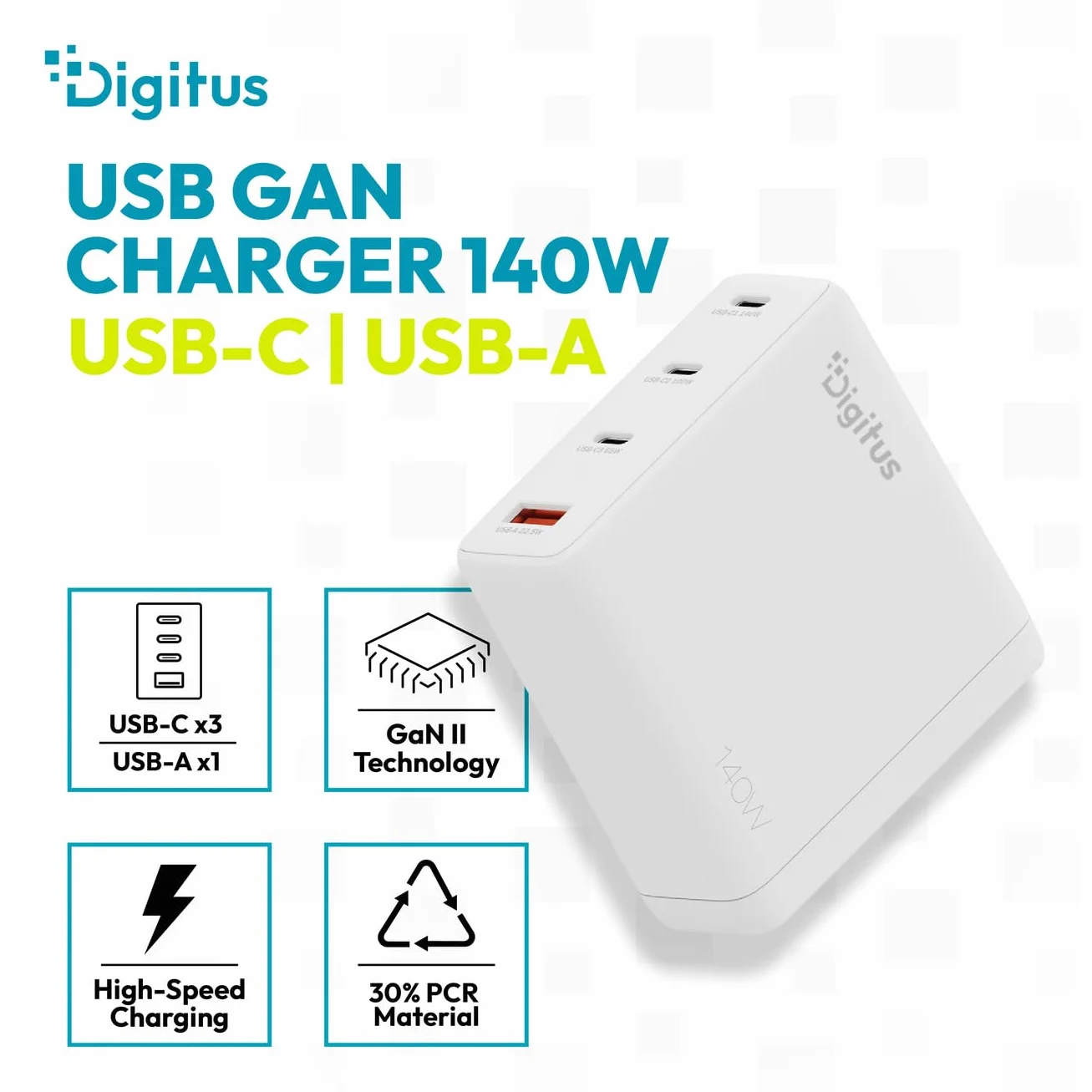 DIGITUS Ładowarka USB-C GaN II – 3x USB-C i typ A – 3 porty – do 140 W – szybka ładowarka – odpowiednia do laptopów, telefonów komórkowych, tabletów, smartwatchy, słuchawek, powerbanków – biała