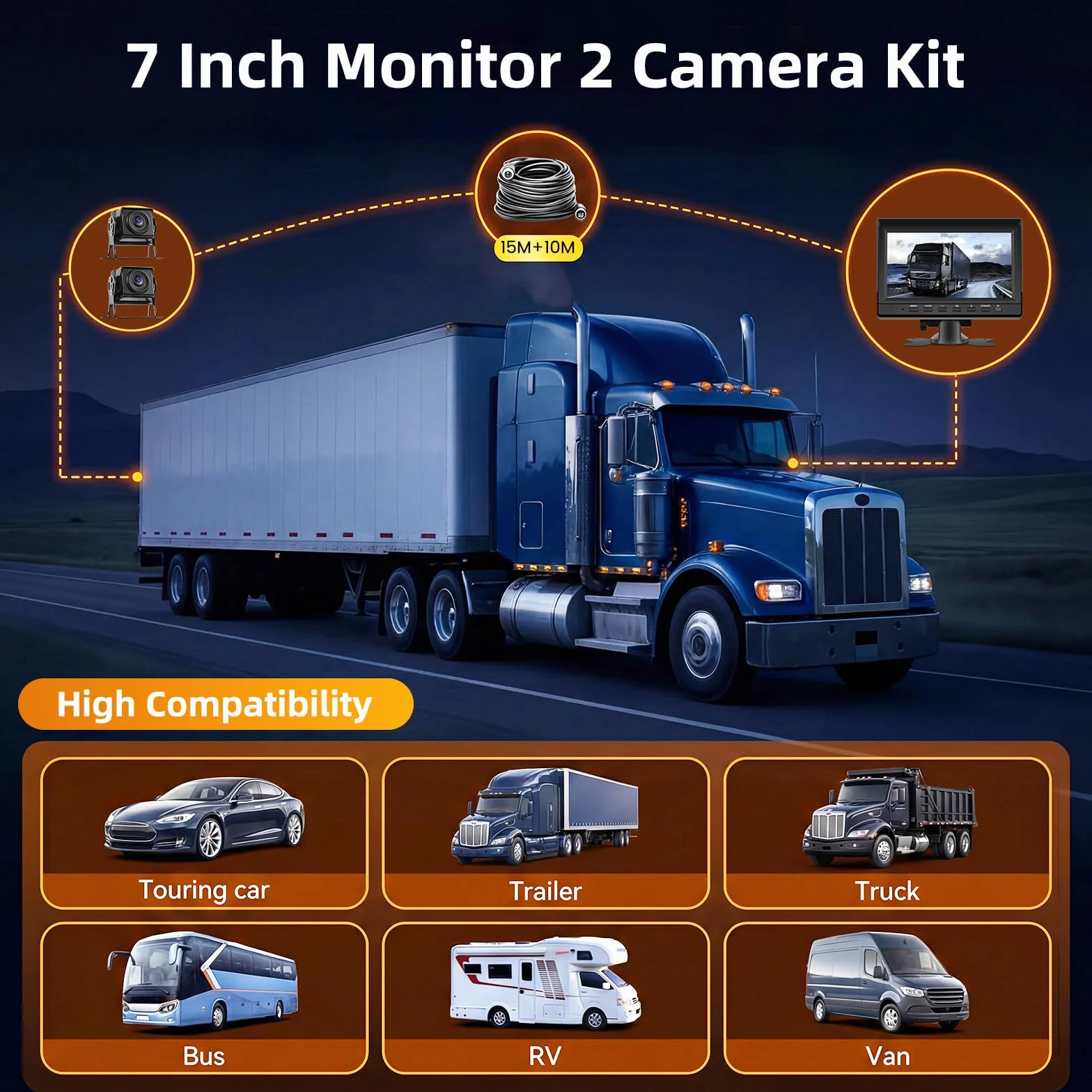 Hikity 12-36V Cyfrowy Zestaw 2 Kamer Cofania*2, 7-calowy Monitor 1080P IPS, Wodoodporna Kamera Cofania z Noktowizją DIY Linie Parkowania dla Kamperów, Przyczep i Ciężarówek