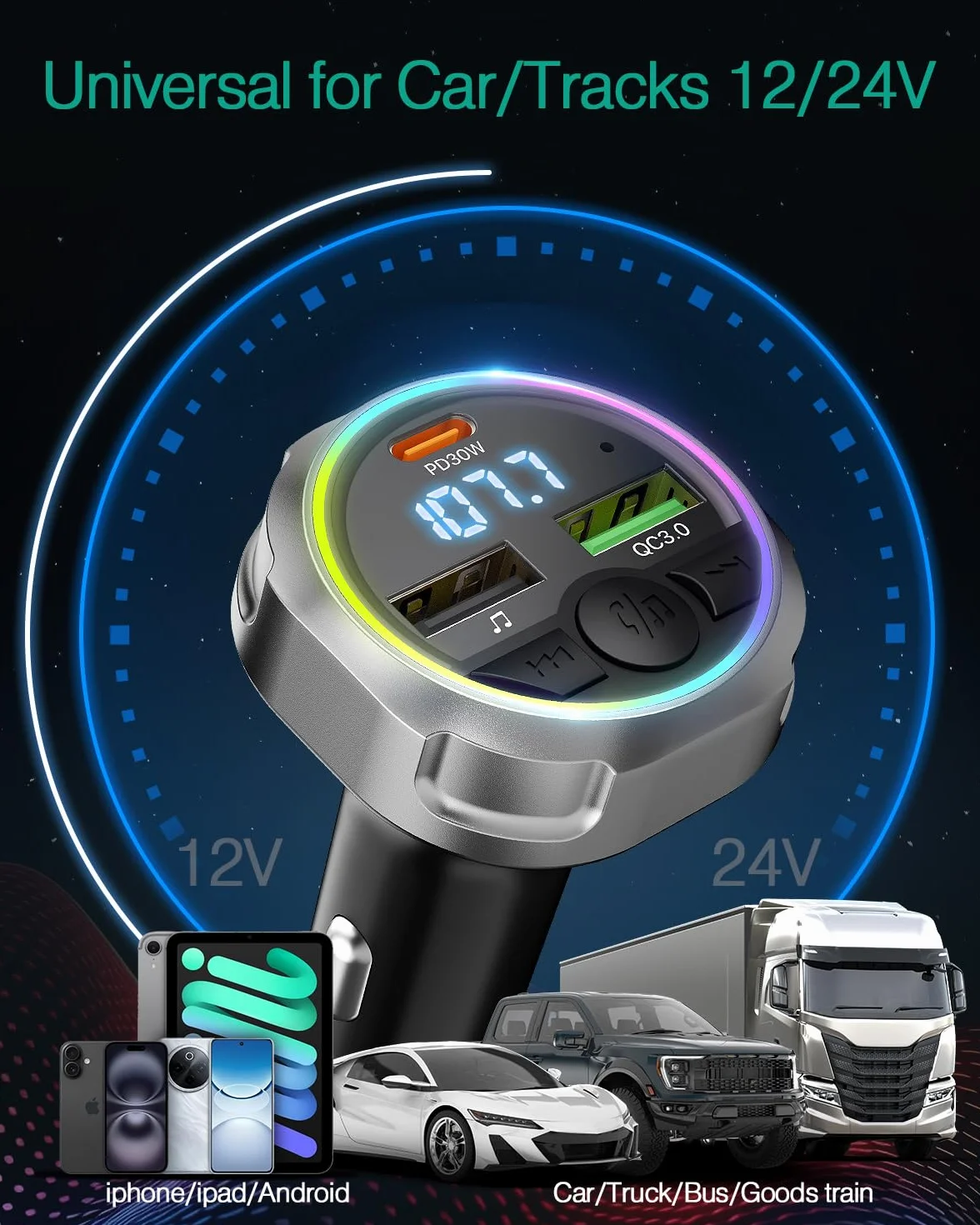 ORIA Nadajnik FM Bluetooth 5.3 60 W, bezprzewodowa ładowarka samochodowa z PD 30 W i QC3.0 18 W, obsługa napędu USB, kolorowe światło oddechowe, połączenia bez użycia rąk, adapter audio radia