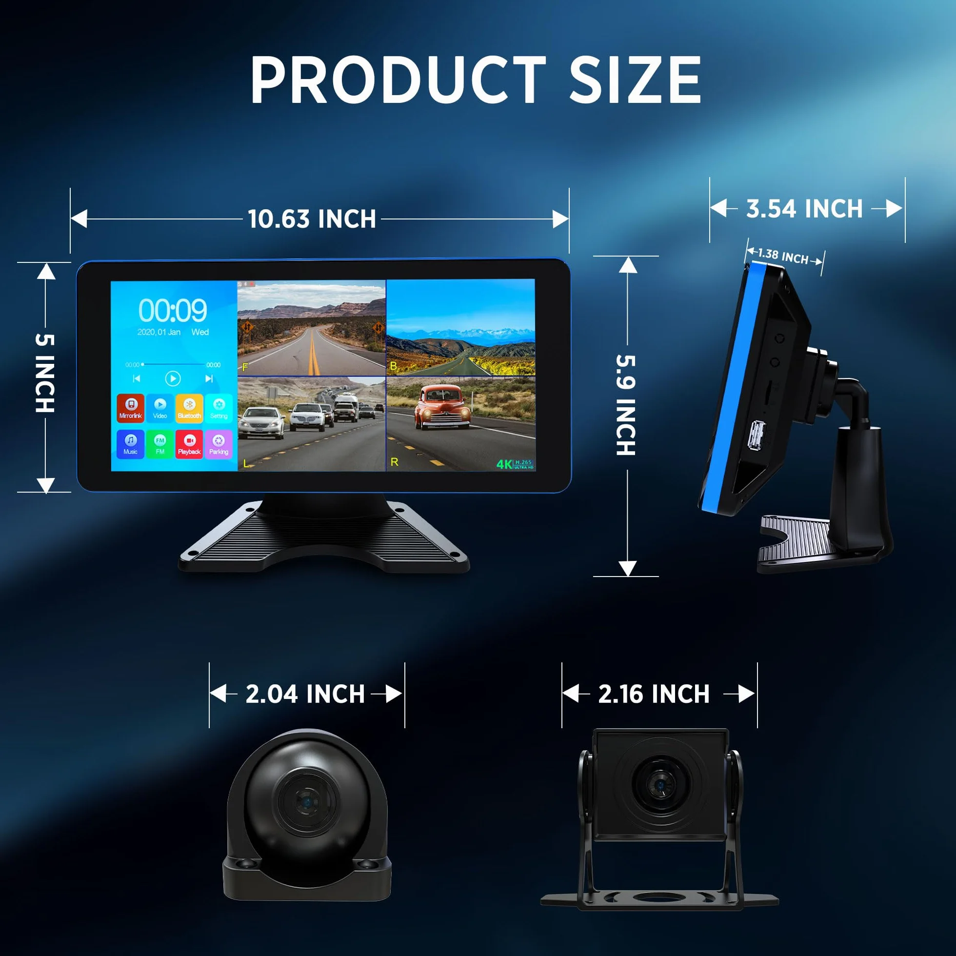 Kamera cofania 4K 4-kanałowa kamera samochodowa z 10,4-calowym ekranem dotykowym Quad Split i 4 kamerami AHD z przednimi i tylnymi bokami z nagrywaniem DVR, odtwarzanie muzyki wideo, unikaj
