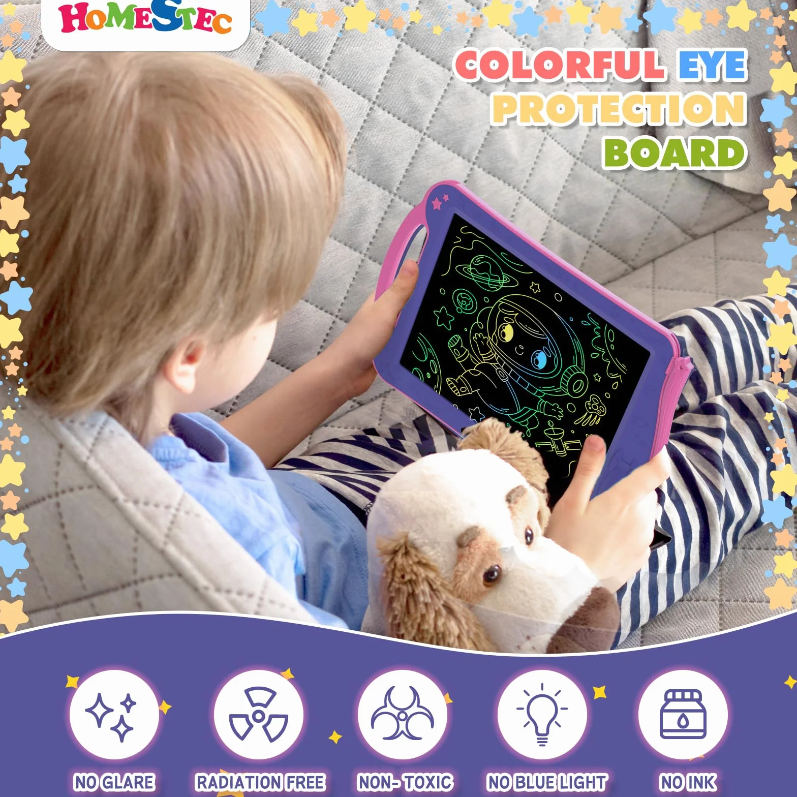 HOMESTEC AstroDraw Zabawki dla dziewczynek w wieku 2, 3, 4, 5, 6 lat, prezent, kolorowa podkładka do rysowania z przenośnym uchwytem, tablet do pisania LCD dla dzieci, zabawki podróżne, edukacyjne,