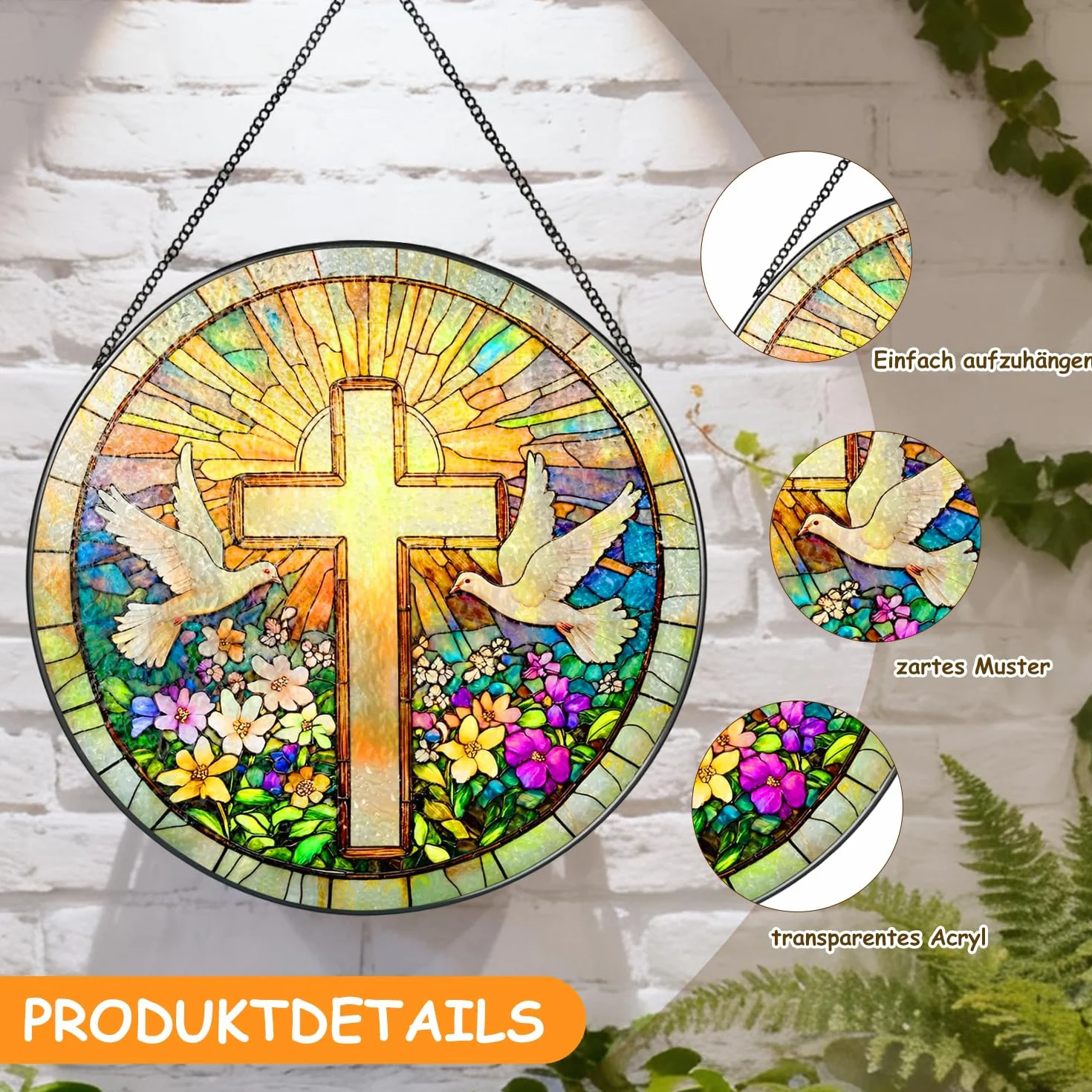 Krzyż dekoracja okienna wisząca 20×20cm efekt witrażu religijna dekoracja ścienna