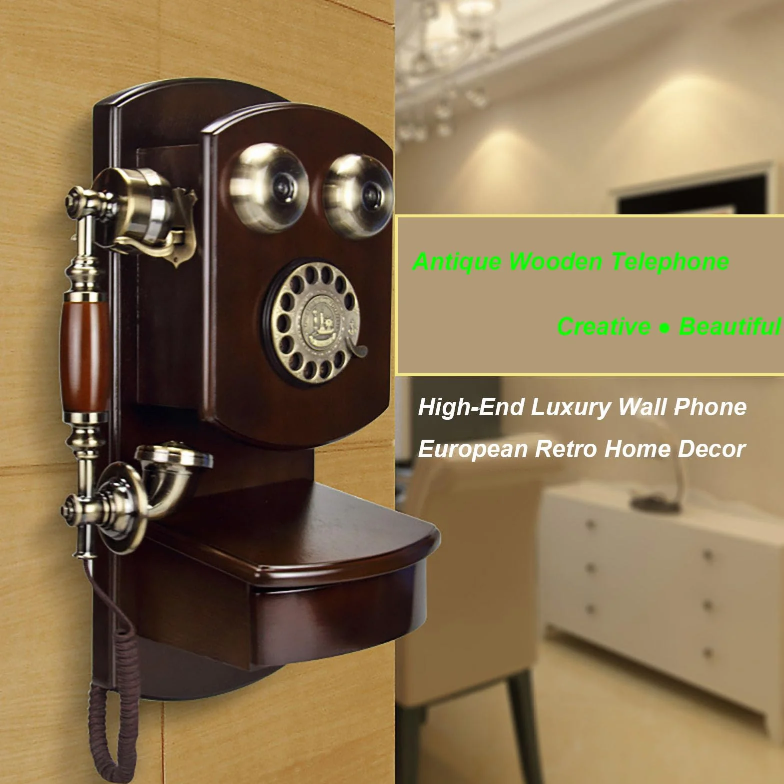 HJMMWT Telefon do montażu na ścianie w stylu retro, telefony stacjonarne do domu, vintage przewodowy z dzwonkiem mechanicznym, klasyczna, staromodna tarcza do biura szkolnego w kuchni