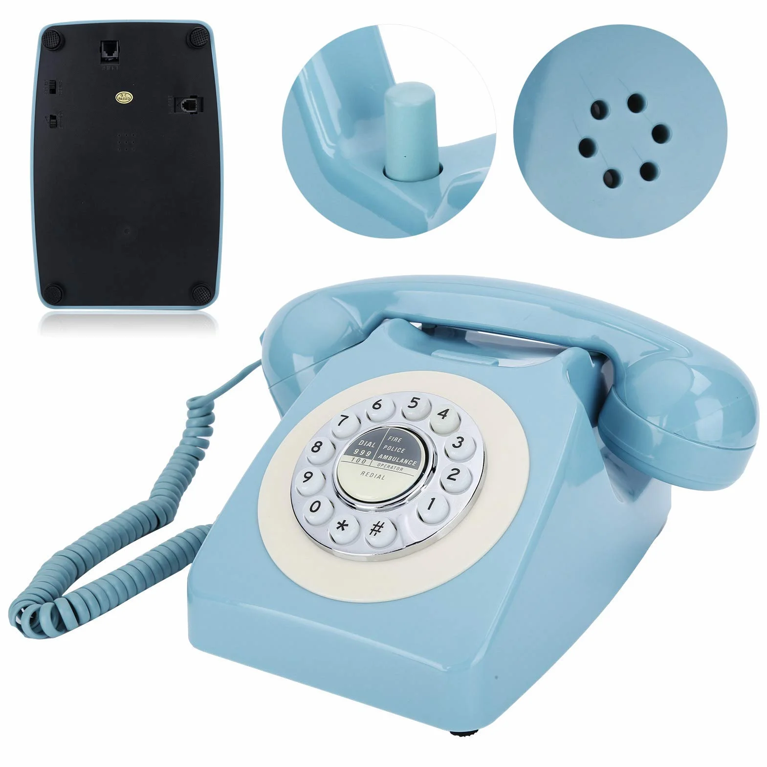 Jednowierszowy przewodowy telefon biurkowy do domu, niebieski telefon biurkowy z kablem, telefon stacjonarny w stylu retro, telefon stacjonarny do domu
