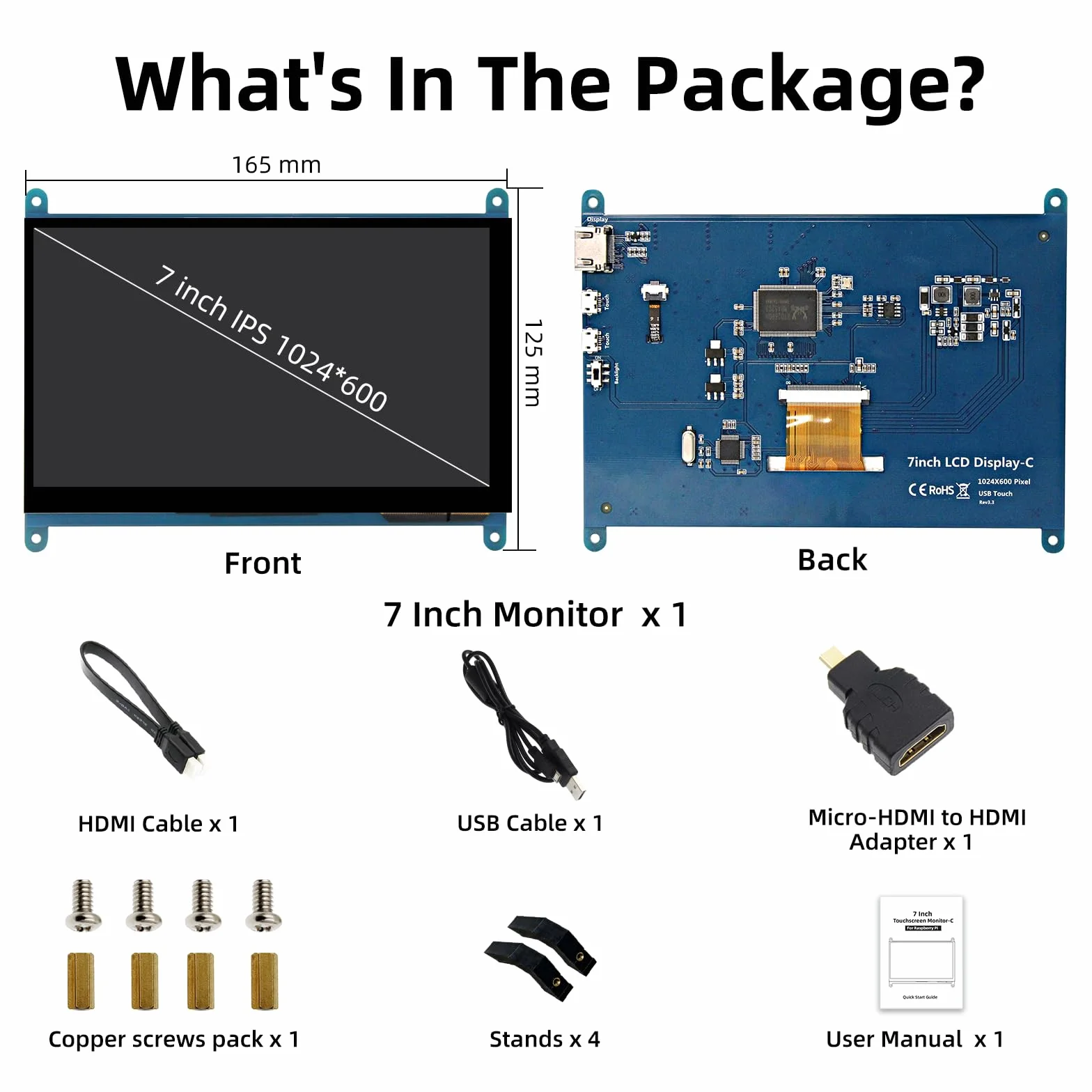 Ekran dotykowy LCD 1024 x 600 IPS z uchwytem, przenośny monitor HDMI do Raspberry Pi 5/4B/3B+/3B/B+/Zero/400, BB czarny, Windows 10 8 7, bezpłatny kontroler