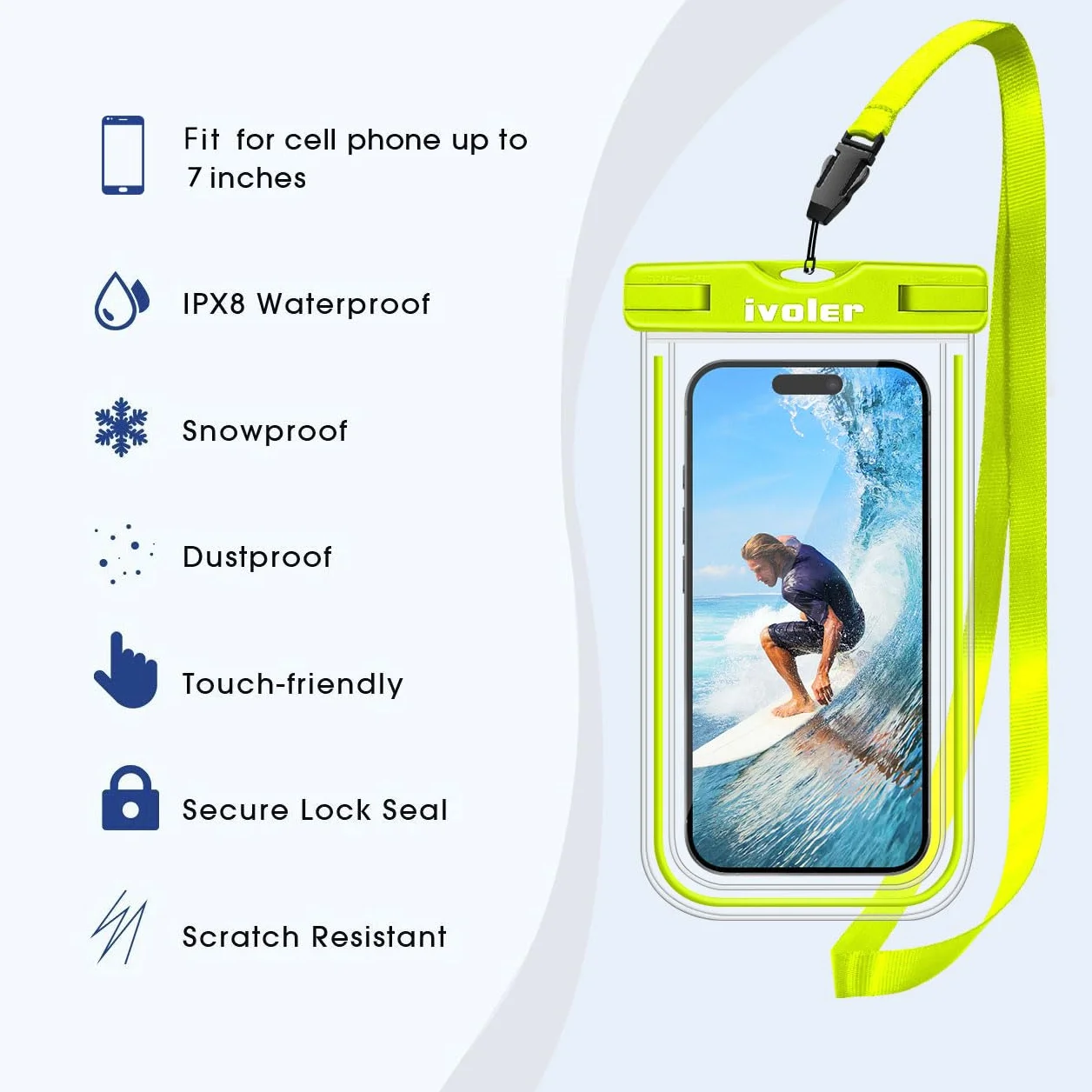 ivoler Wodoodporna torba +etui na telefon, wodoodporna torba na plażę, do pływania, pływania łodzią, kajakiem, wędrówek, ochrony telefonu, gotówki, paszportu, dokumentu przed wodą-Cytrynowa zieleń