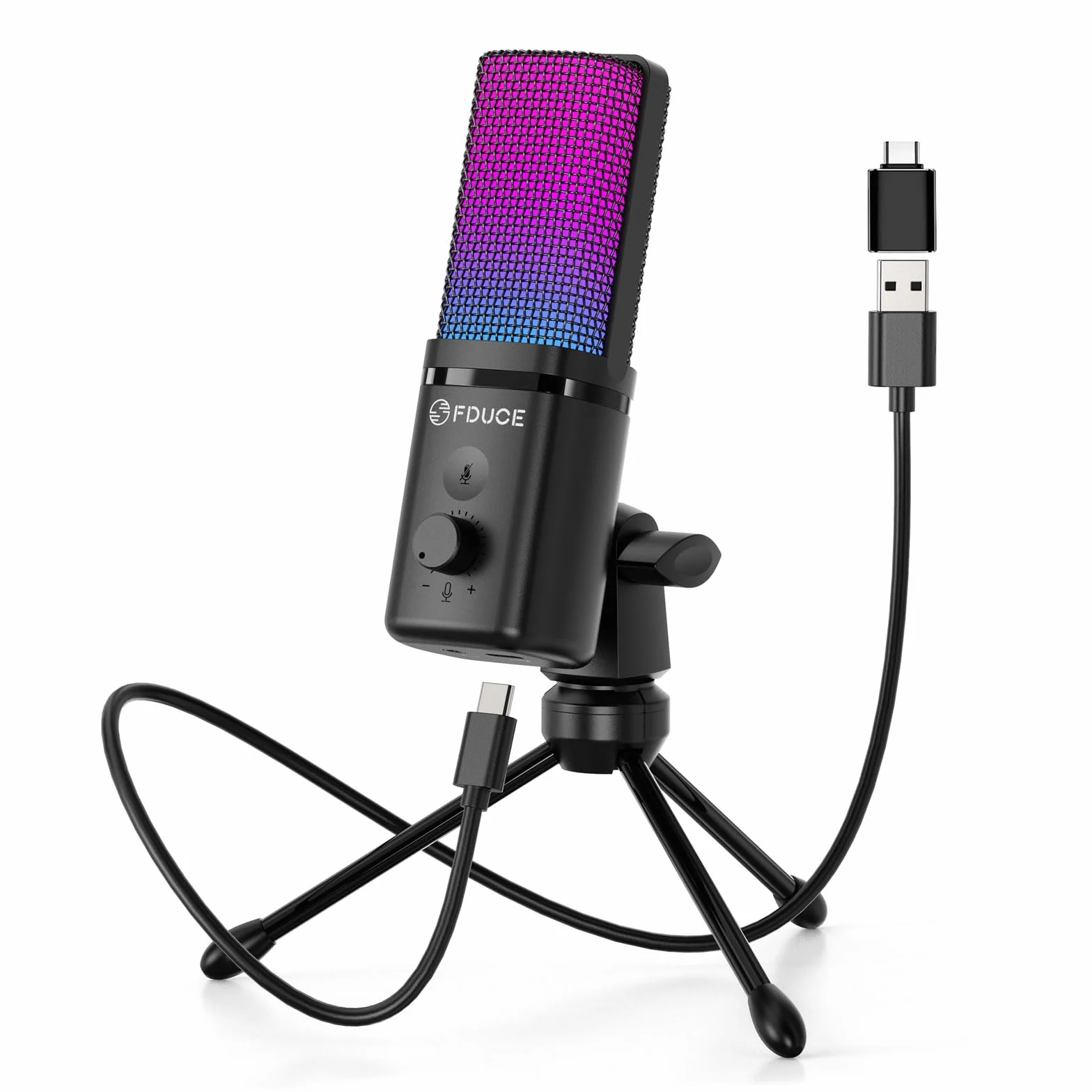 FDUCE Mikrofon USB do gier, mikrofon pojemnościowy RGB ze statywem, regulacja głośności i funkcja wyciszenia, kompatybilny z komputerem, laptopem, do gier, podcastów, przesyłania strumieniowego