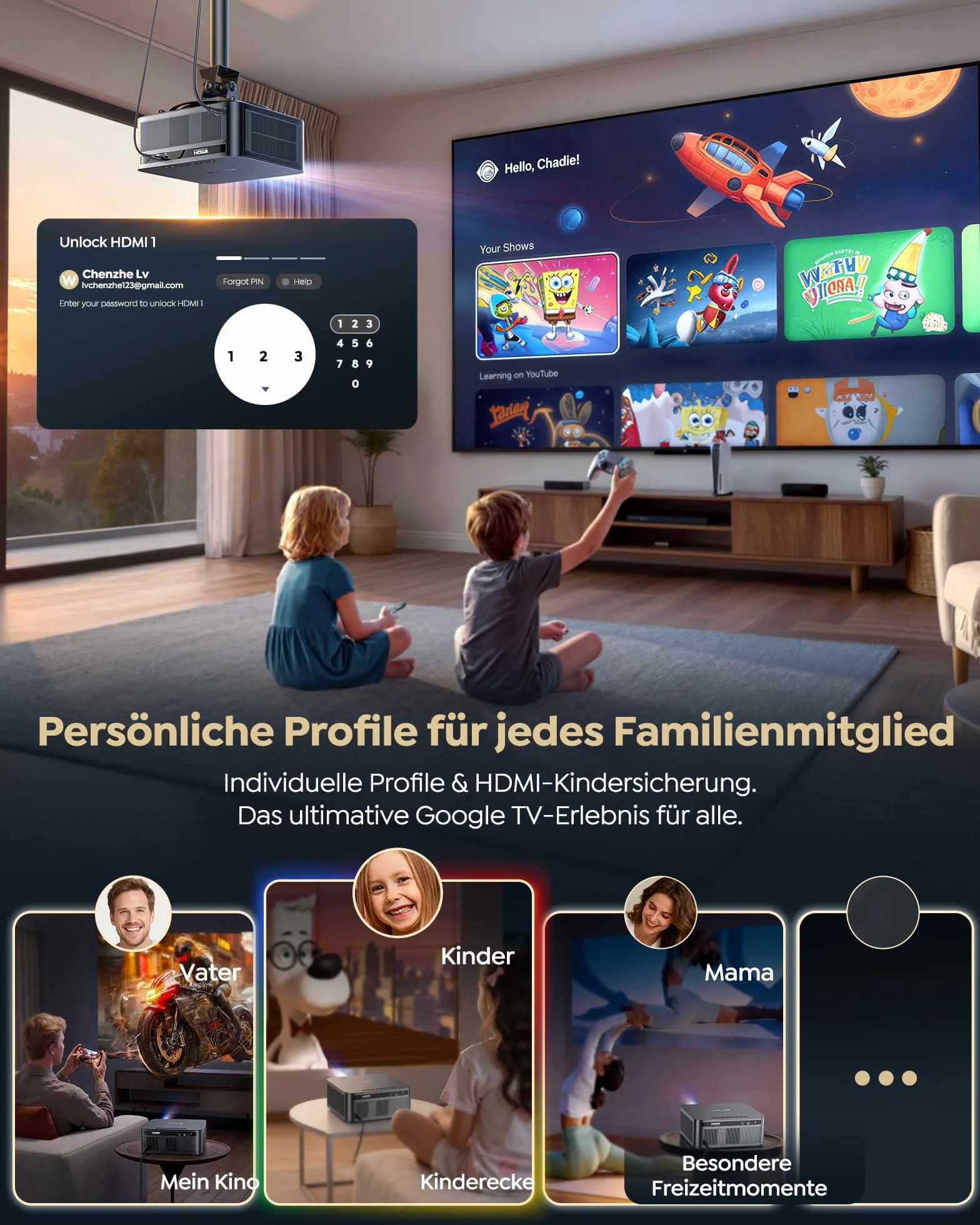 Projektor 4K | Jasność 2200 ANSI |Google TV 14.0 Zintegrowany | Dolby Audio 40W | Projektor natywny FHD 1080P, automatyczne ustawianie ostrości i kalibracja AI, 2+32 GB, HDMI 2.1, MEMC HDR10 do kina