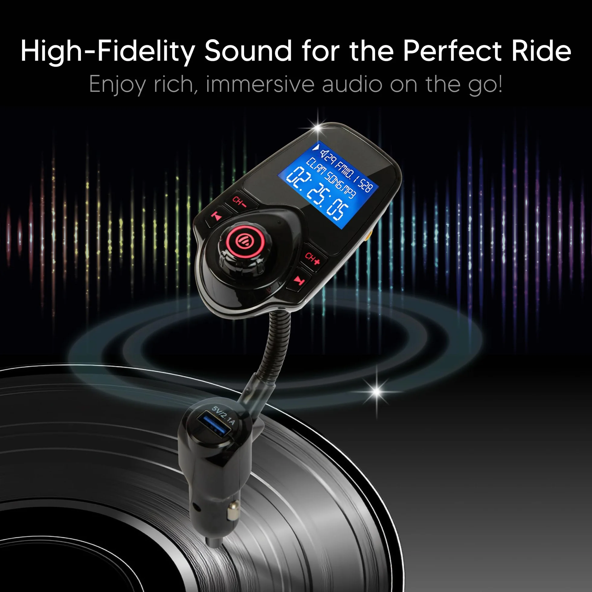 ONN Upgraded 2025 Car Bluetooth FM Transmitter – 1.44" Display, Flexible Gooseneck, Hands-Free Calls, Wireless Music Player, Radio Adapter, USB Charger, Micro SD Card & AUX Support