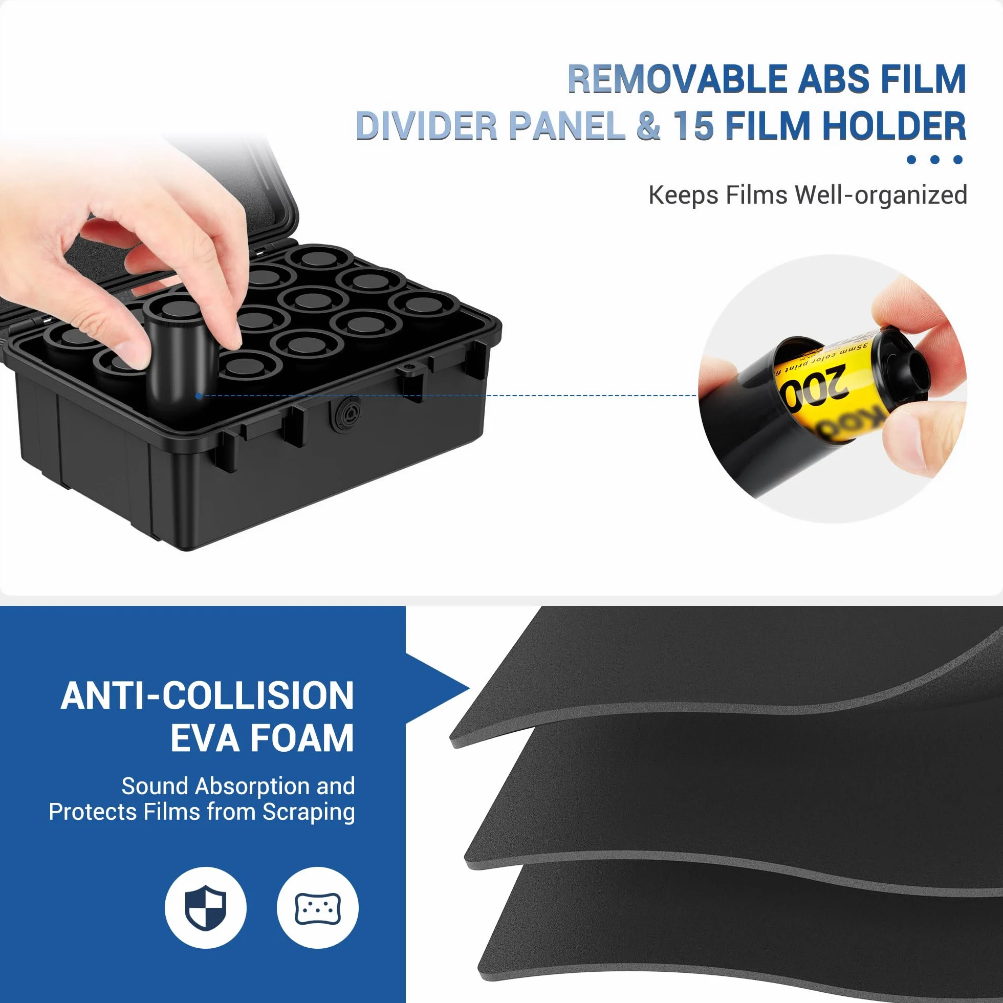 JJC Etui na 35mm klisze filmowe z 15 pojemnikami, wodoodporne i odporne na wstrząsy, hermetyczne, zabezpieczające ujemne filmy, pojemniki z pokrywkami do małych przedmiotów do przechowywania w domu