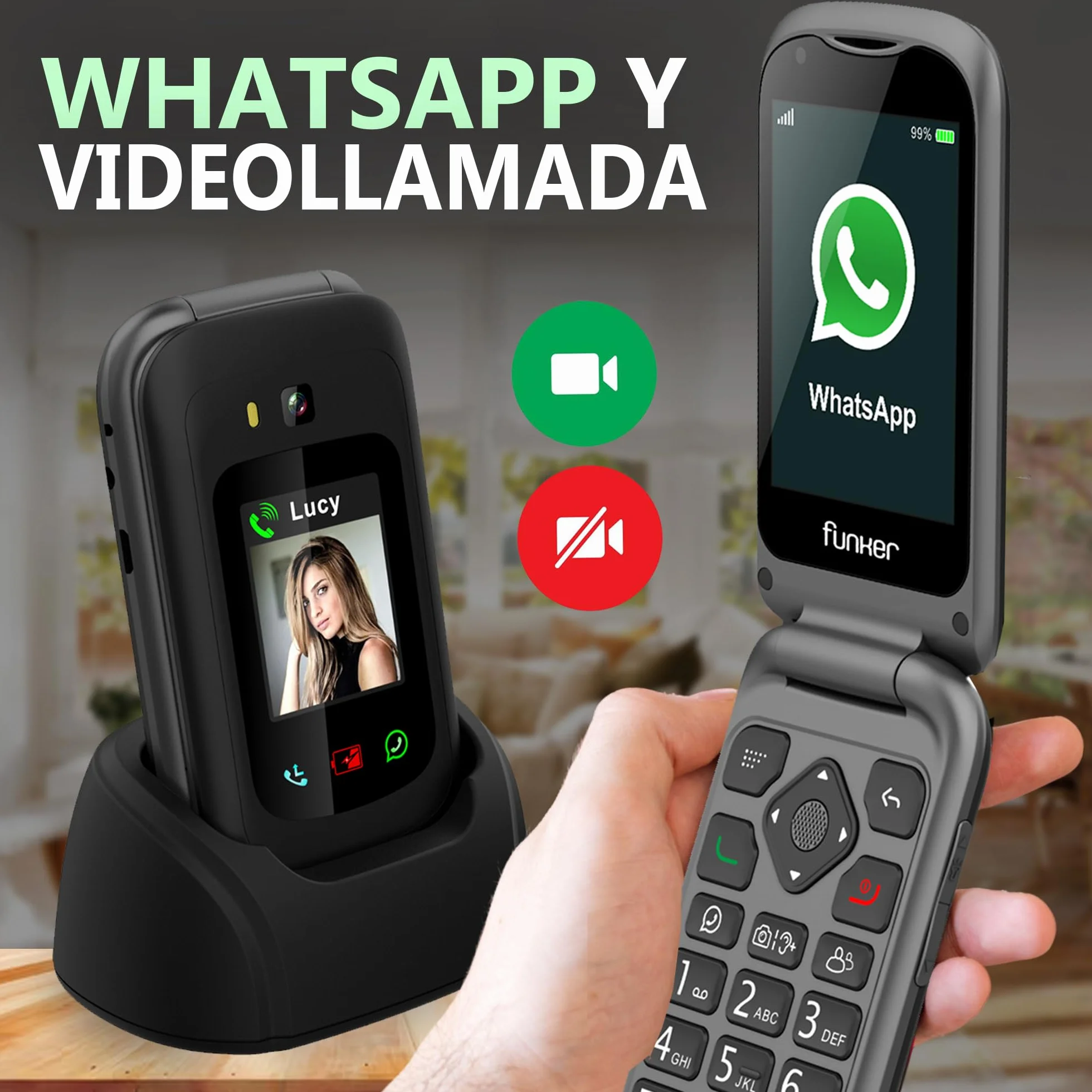 Funker E450 MAX Pro 2 - Składany telefon 4G dla osób starszych - WhatsApp - Połączenie wideo - Ekran dotykowy - Przycisk SOS - Geolokalizacja - Bateria 1750 mAH - Zgodność ze słuchawkami - Ładowanie