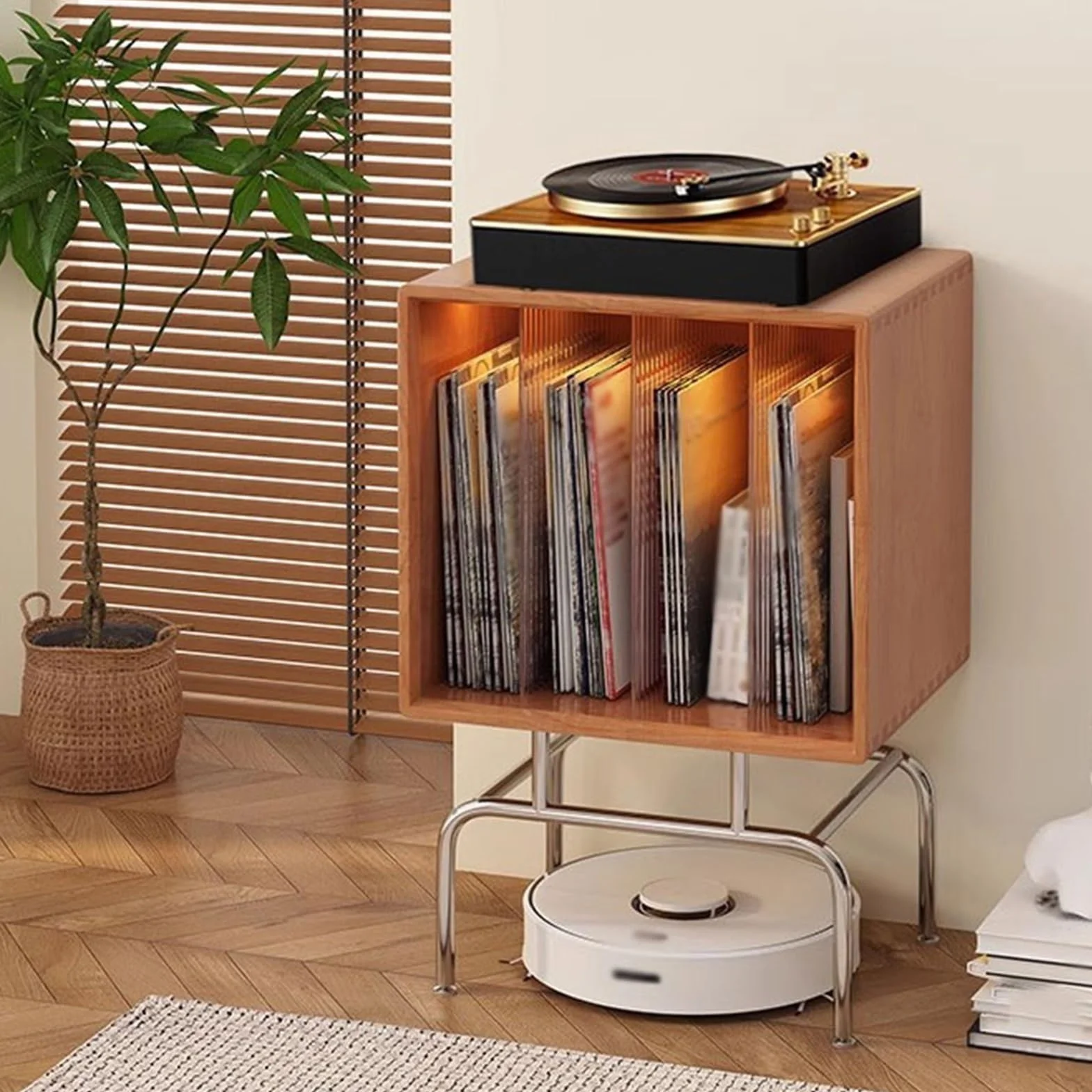 przechowywanie płyt Drewniana szafka na płyty winylowe w stylu retro, półka CD ze stalowymi nóżkami stojak na płyty CD