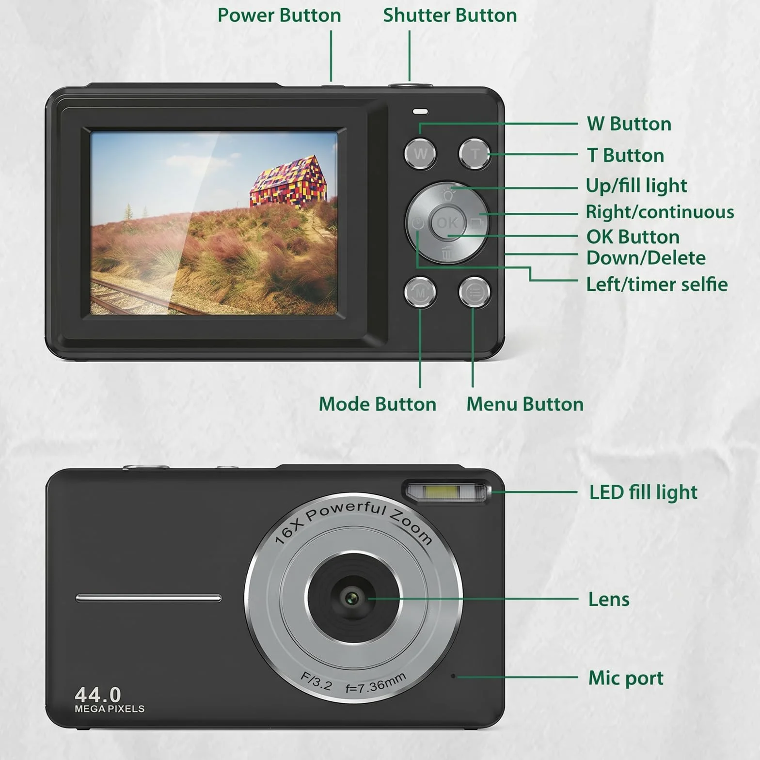 Andoer Aparat cyfrowy z 2 bateriami do wielokrotnego ładowania, karta pamięci 32 GB, 1080p, 44 m, HD, 16-krotny zoom cyfrowy, ochrona przed wstrząsami, automatyczne ustawianie ostrości, ekran 2,5 IPS