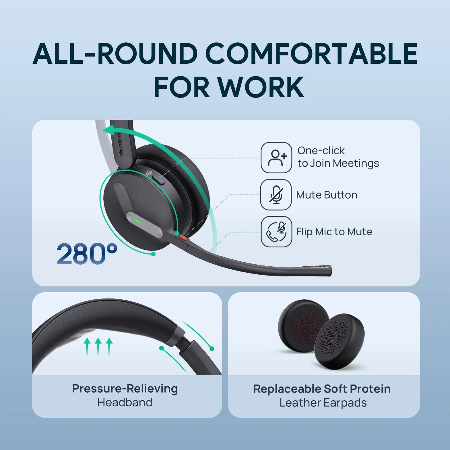Yealink DECT & Bluetooth bezprzewodowy zestaw słuchawkowy WH64 Mono, zasięg 185 m, 3 mikrofony, redukcja szumów, akumulator 26 h, do telefonu stacjonarnego, telefonu stacjonarnego, telefonu IP