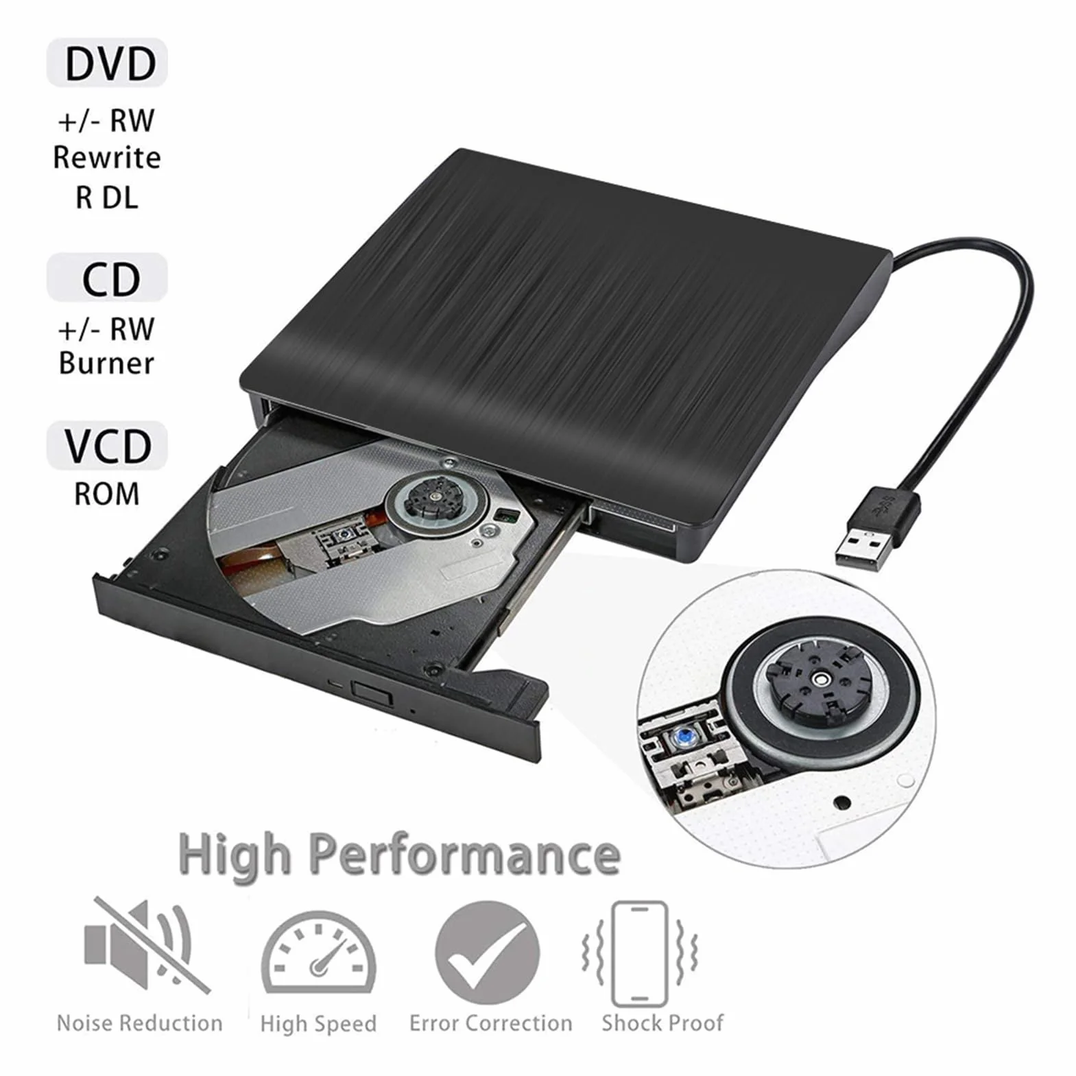 HUIOP USB Pop-up mobilny zewnętrzny dysk DVD-RW przenośny napęd ODD zewnętrzny napęd DVD odtwarzacz ROM Writer dla Windows Linux 9,5 mm Plug & Play, nagrywarka DVD-RW