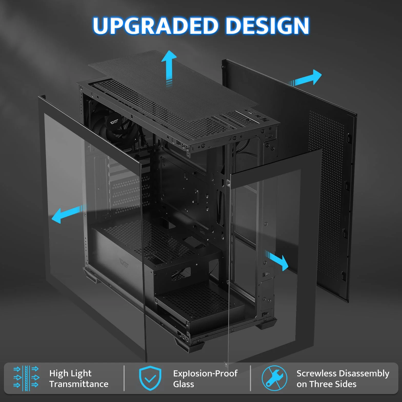darkFlash Obudowa PC ATX Mid-Tower, wstępnie zainstalowana 1 obudowa komputera bez wentylatorów PWM, pełny widok, podwójne szkło hartowane, do gier, port typu C, obsługuje chłodnicę wody do 360 mm