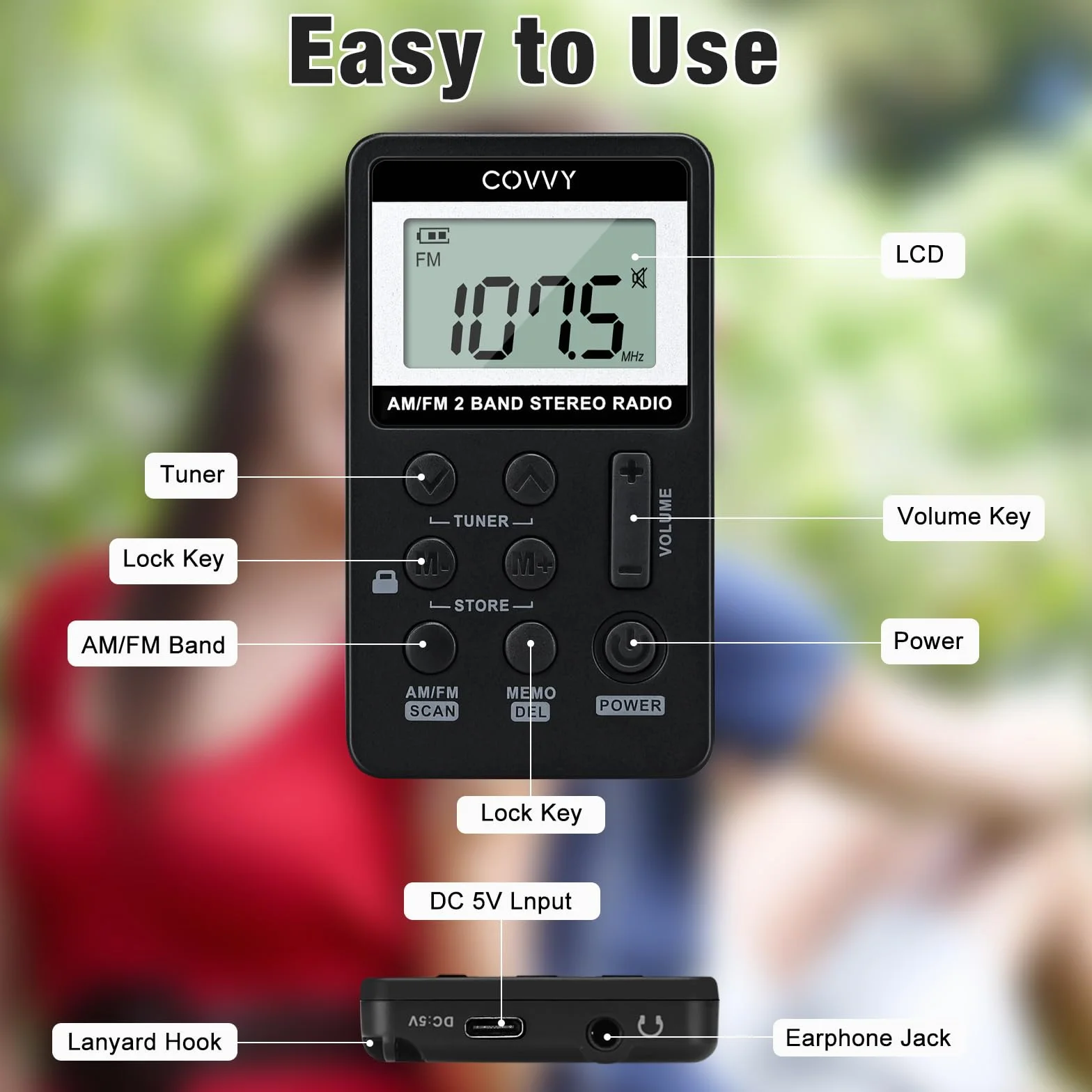 Covvy Przenośne Radio AM/FM Cyfrowe Mini 500 mAh 3,7 V Akumulator Wielokrotnego Ładowania Słuchawki Czarne