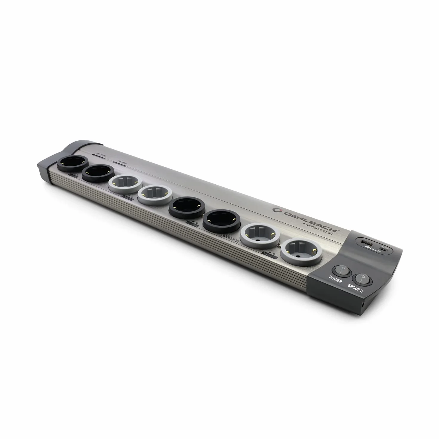 OEHLBACH Powersocket 907 MKII wysokiej jakości listwa zasilająca HiFi z filtrowaniem i ochroną przed przepięciem (2 gniazda USB – ładowarka USB-C 65 W Power i gniazdo USB-A) – szczotkowane aluminium
