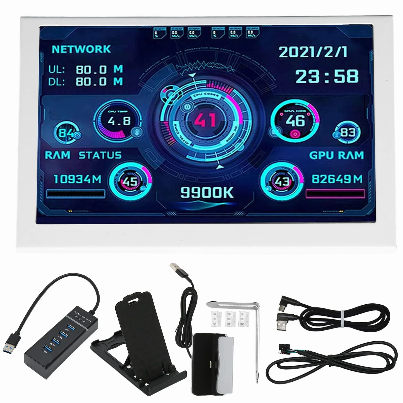 5-calowy Mini Ekran IPS USB, Dodatkowy Monitor Obudowy Komputera, do Procesora PC Monitor Danych RAM Wyświetlacz Temperatury, Ekran Pomocniczy Typu C ze Wspornikiem do