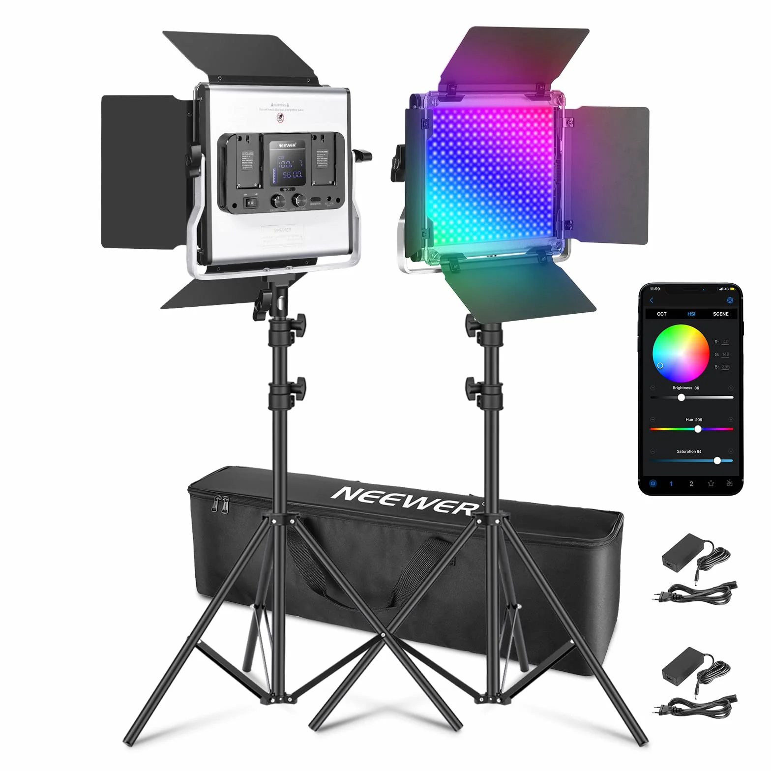 NEEWER Ulepszony panel LED RGB 660PRO II Wideo Light z kontrolą aplikacji i wsparciem, stałe 2 sztuki 50 W bez zmiany koloru/1% dokładnego minimalnego ściemniania/360°RGB/CRI97+/3200K ~5600K do