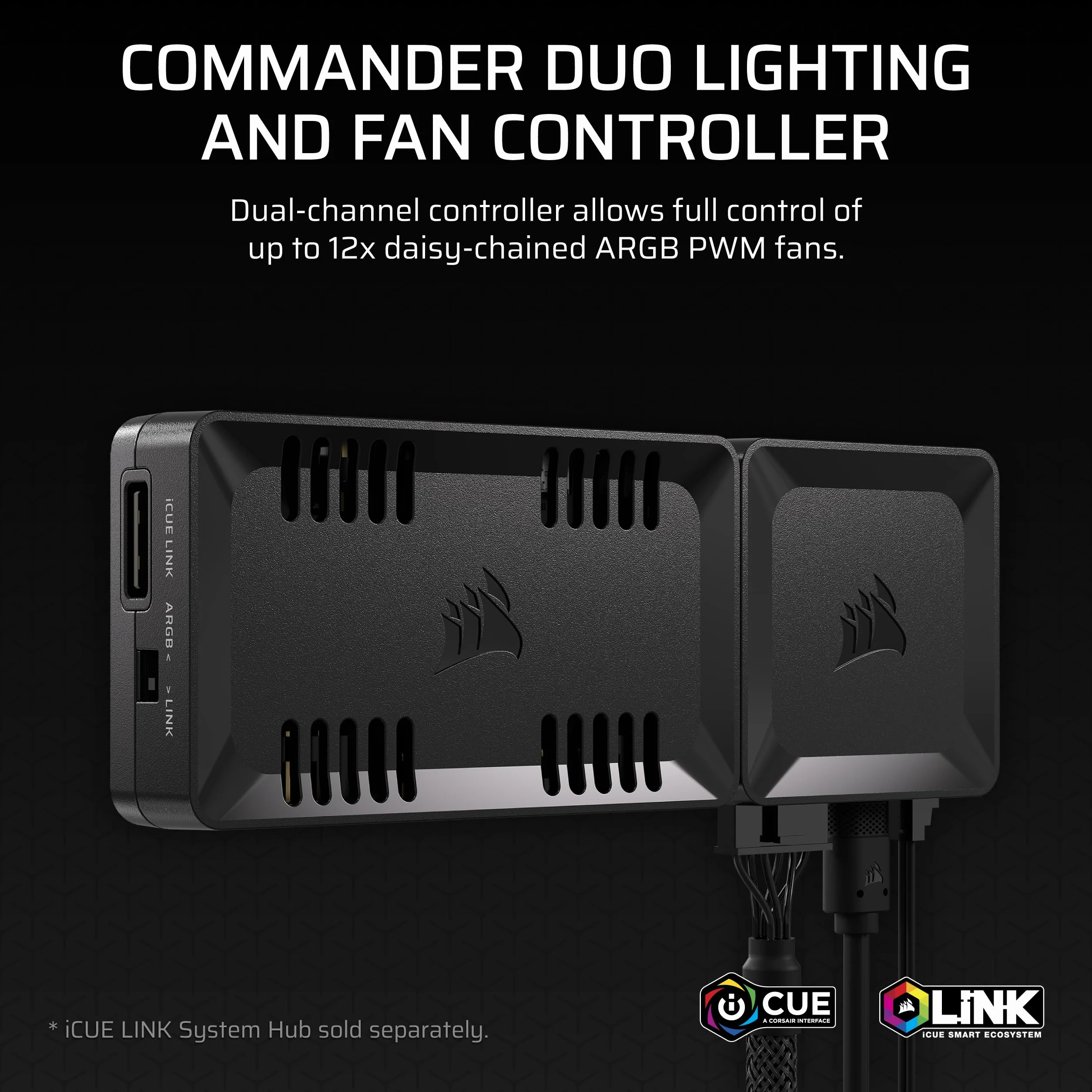 CORSAIR COMMANDER DUO iCUE LINK Oświetlenie RGB i kontroler wentylatora PWM ARGB – sterowanie 12 wentylatorami PWM z łańcuchami stokrotkowymi, w zestawie dwa elastyczne czujniki temperatury, kolor