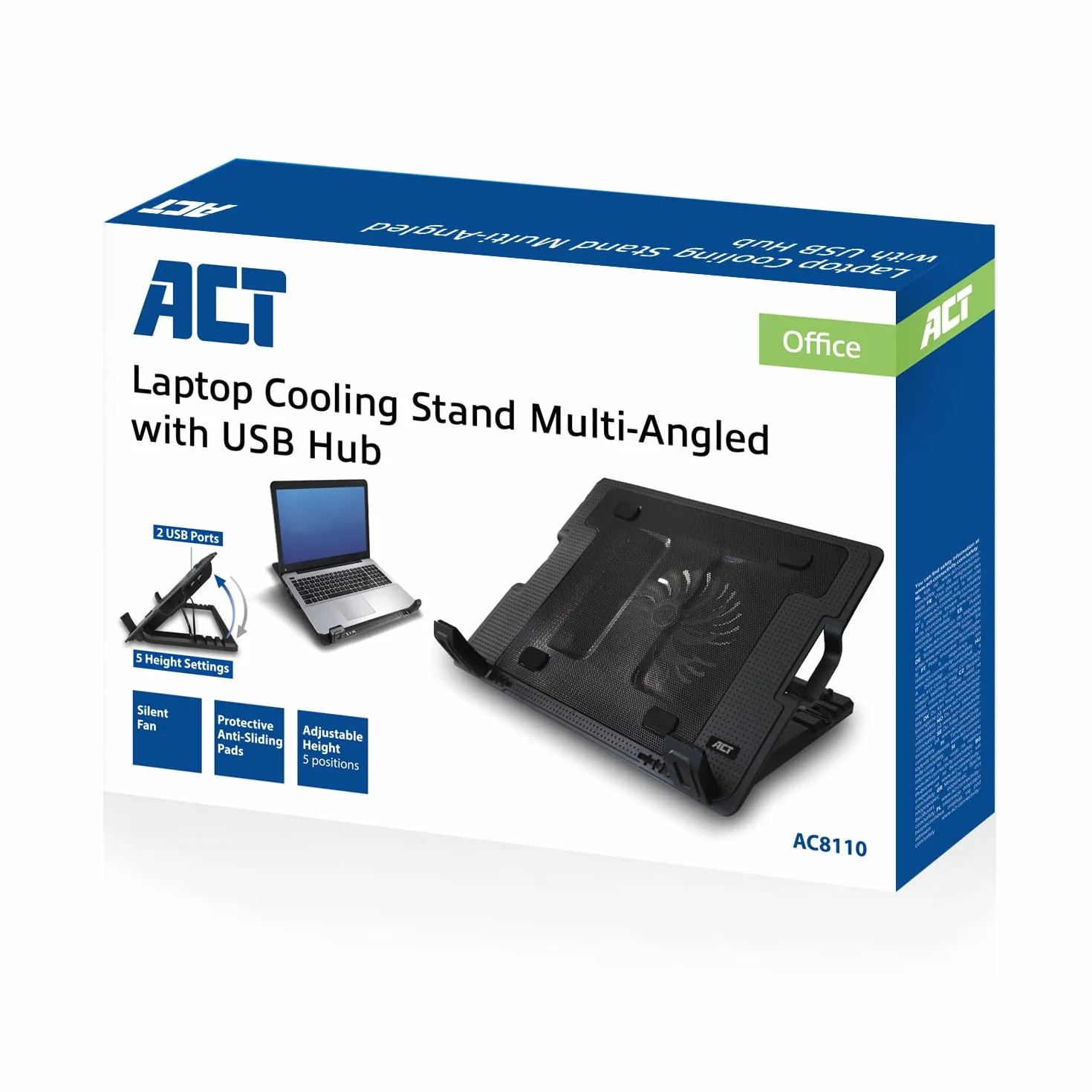 ACT AC8110 podkładka chłodząca do laptopa 43.2 cm, stojak z regulacją wysokości, 5 pozycji ergonomicznych, 1 cichy wentylator, port USB