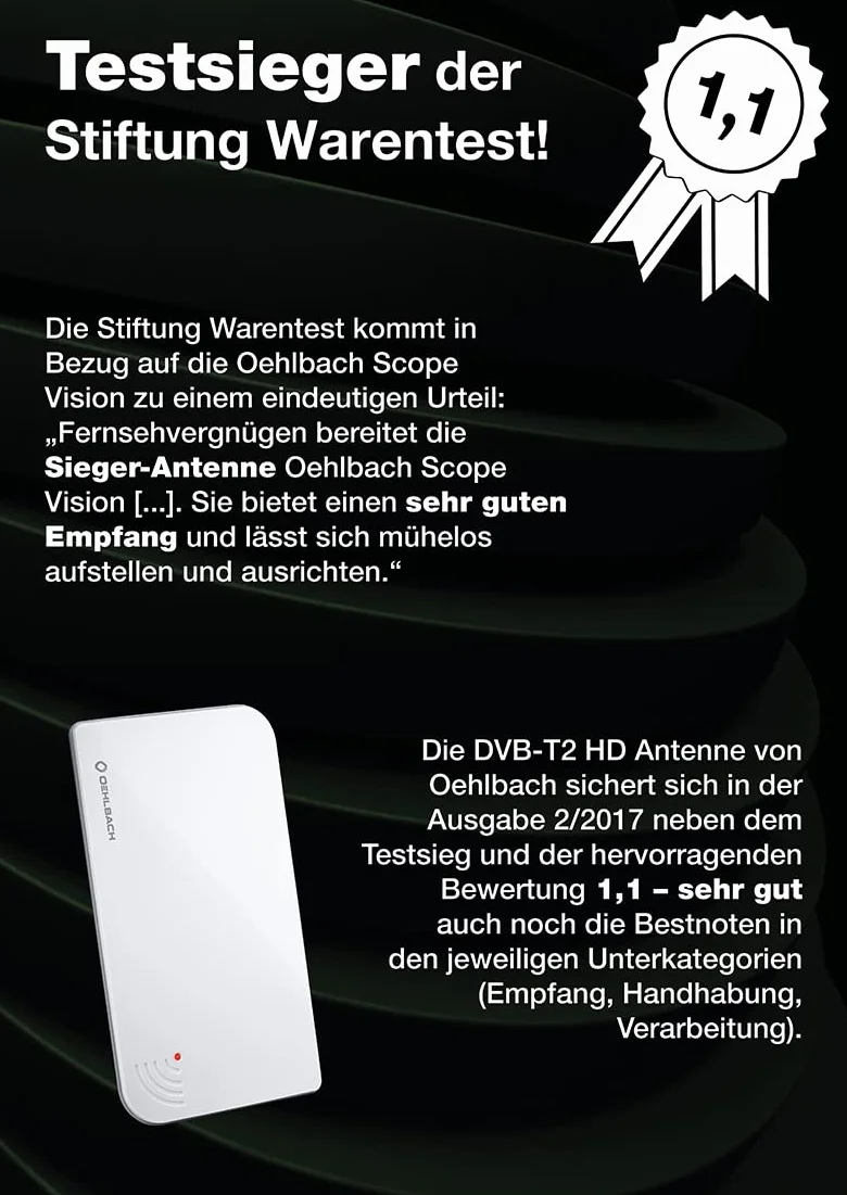 Oehlbach Scope Vision DVB-T2 HD - Cyfrowa Antena Pokojowa z Aktywnym Wzmacniaczem - Prąd USB - Wewnętrzna, Zwycięzca Testu - Czarna