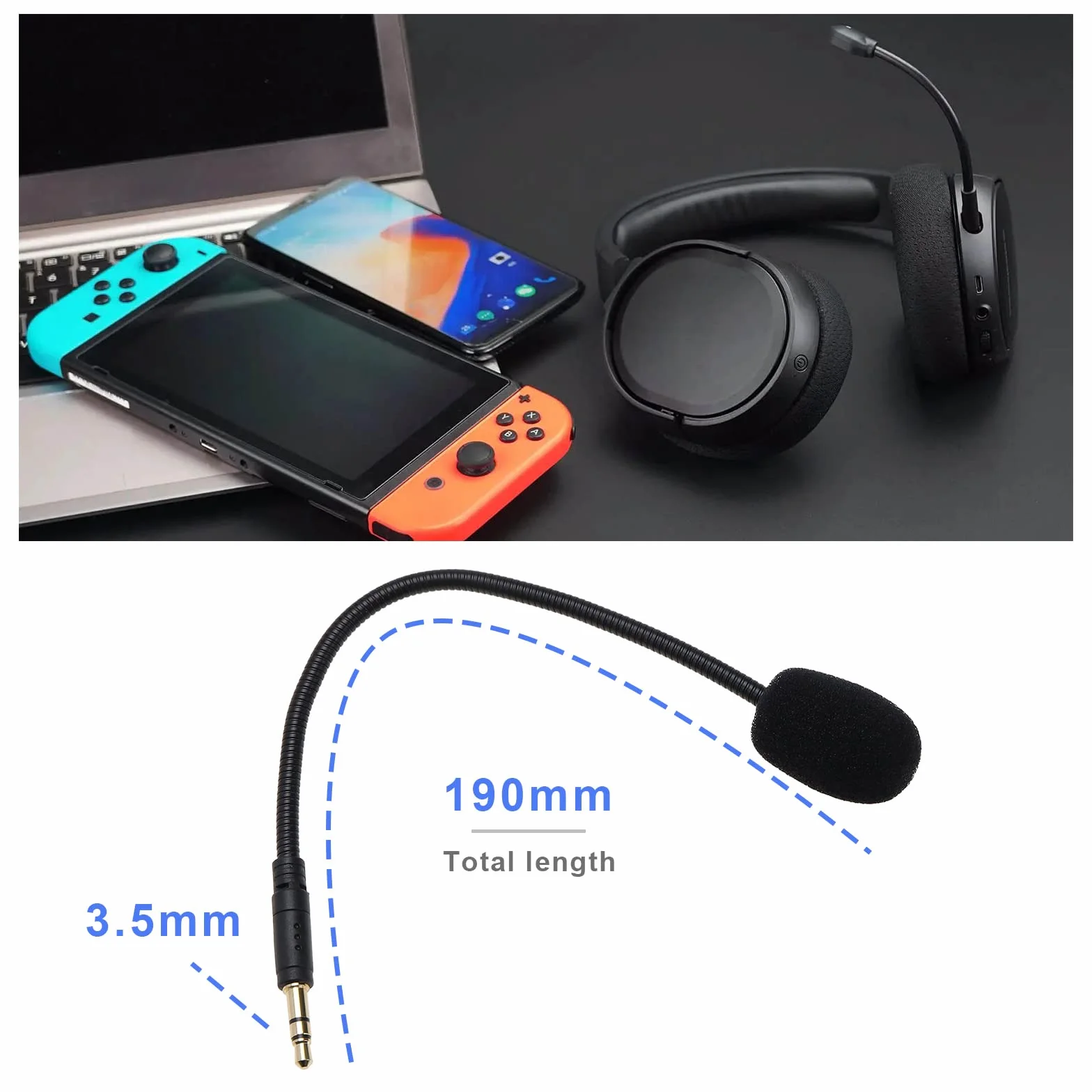 Zamienny mikrofon 3,5 mm, 19 cm, redukcja hałasu, odłączany, kompatybilny z SteelSeries Arctis 1, przewodowy bezprzewodowy zestaw słuchawkowy do gier, czarny z piankową osłoną