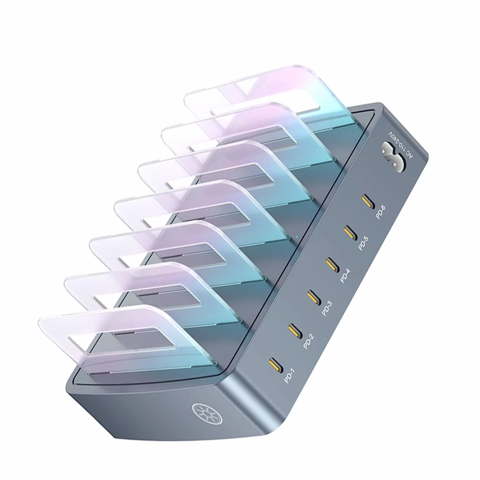 Wakects 6-portowa Stacja ładująca Przenośne ładowarki Biurkowe z mocą wyjściową PD 120 W 6 PortóW USB C, Każdy o Mocy 20 W Światło Oddechowe RGB Odłączane Gniazda na Biurko W Podróży Biurowej