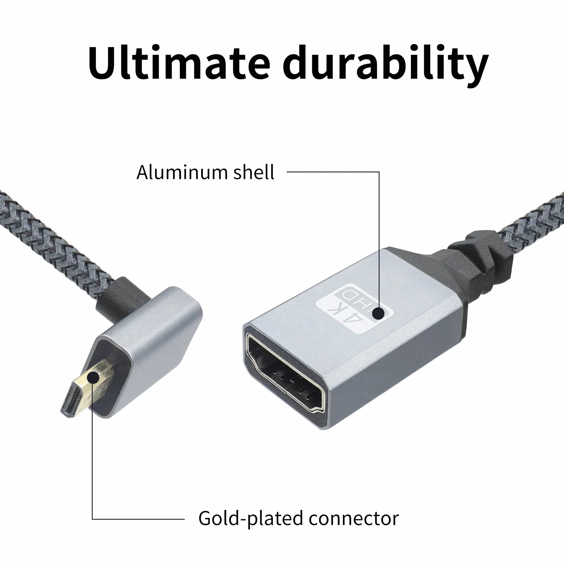 Kabel Przejściowy 4K Micro HDTV na HDTV, Kąt 90 Stopni, Aluminiowy, Krótki Nylonowy Pleciony, Obsługa 4K UHD, Do Laptopa, Telewizora, Kamery (20