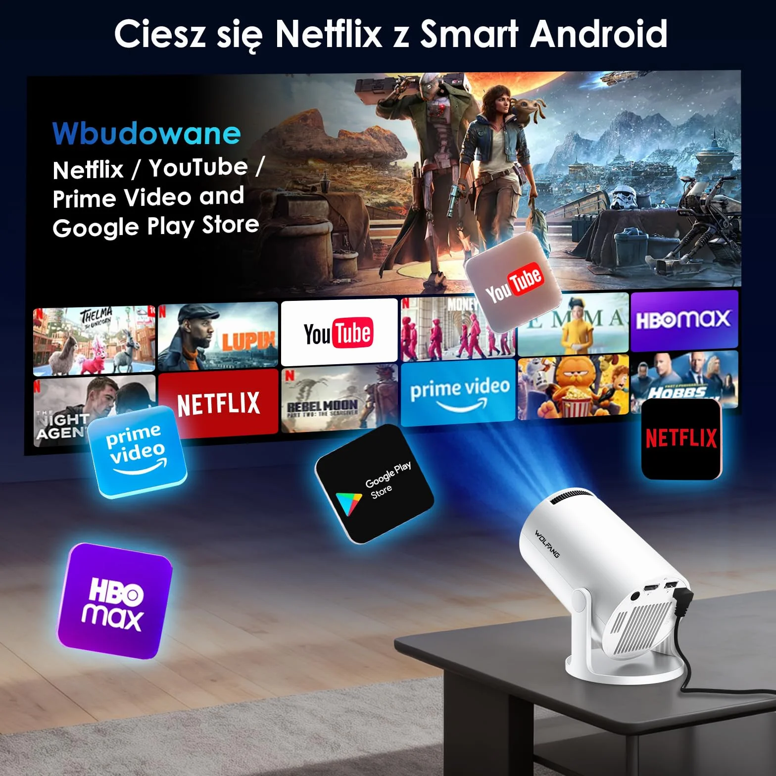 WOLFANG Projektor, Ulepszony Mini Projektor 2026, Projektor do Sypialni z Obsługą 1080P Full HD, WiFi 6 i Bluetooth 5.4, Obrót 180°, Kompatybilny z iOS/Android/TV Stick
