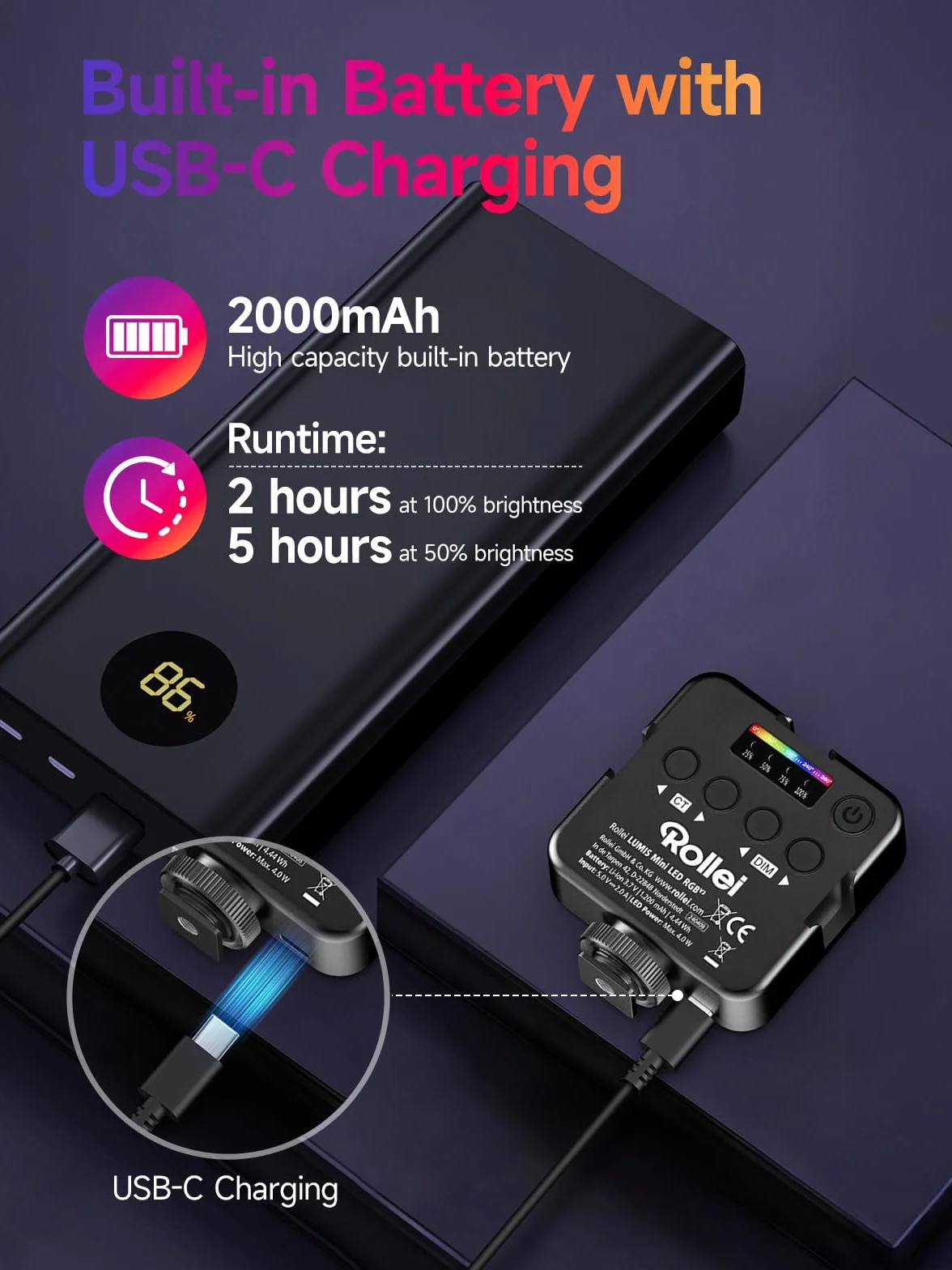 Rollei Lumis Mini RGB-Color światło ciągłe LED, lampa wideo z 60 diodami LED, 2500-9000 K, 6 W, 200 luksów (0,5 m przy 5500 K) | te Led Camera CRI 95+, wbudowany akumulator i ładowanie typu C
