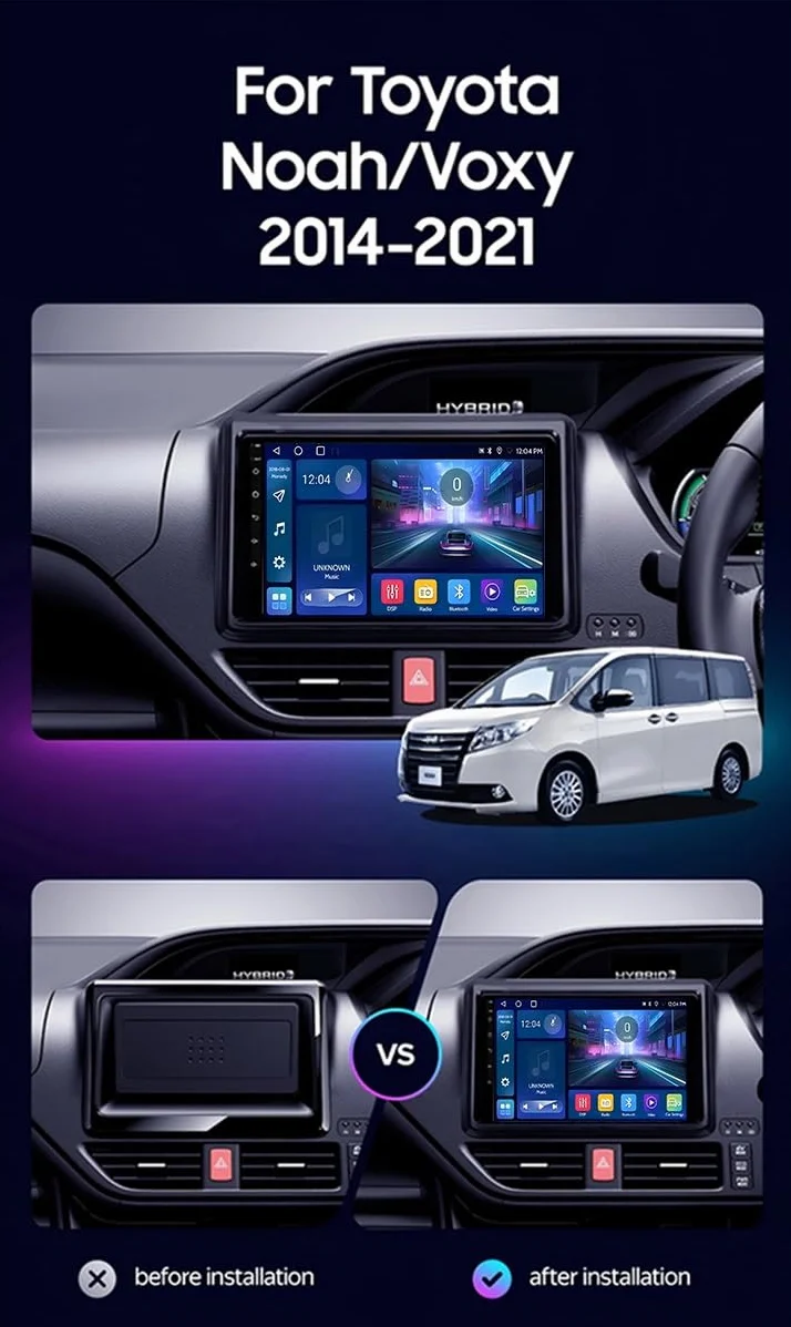 Android CarPlay Car Stereo dla Toyoty Noah Voxy R80 2014-2021 9-calowy ekran dotykowy Radio samochodowe 1280 × 720 Radio samochodowe/SWC/Bluetooth 5.0/FM AM RDS DSP/Wi-Fi/4GLTE/GPS/ADAS DVR